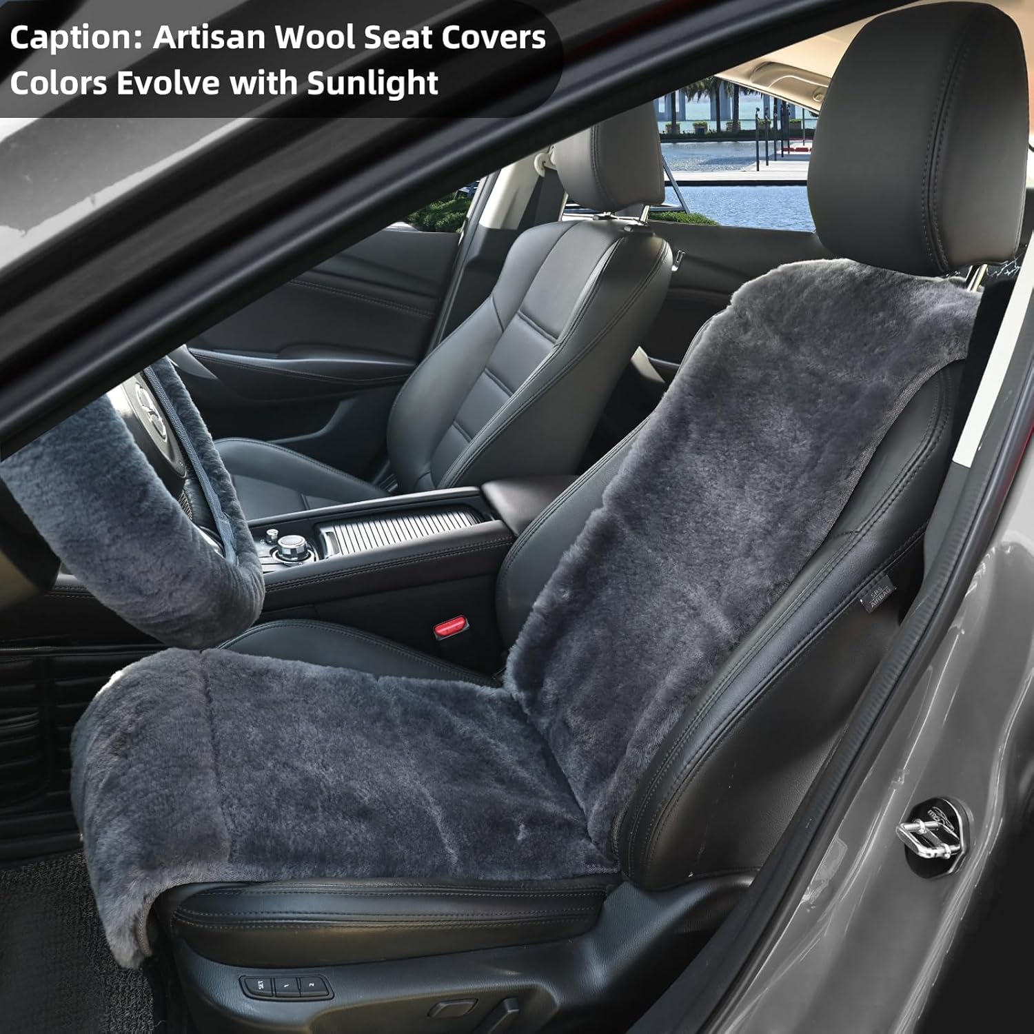 Aegis Cover Sheepskin Seat Covers, Merino Wool Front Car Seat Vest Cover with Nonslip Backing, Super Soft Dense Pelt Fuzzy Interior,Universal Fit for Most Cars, SUVs, Trucks, Sedans 2Pack (Charcoal)