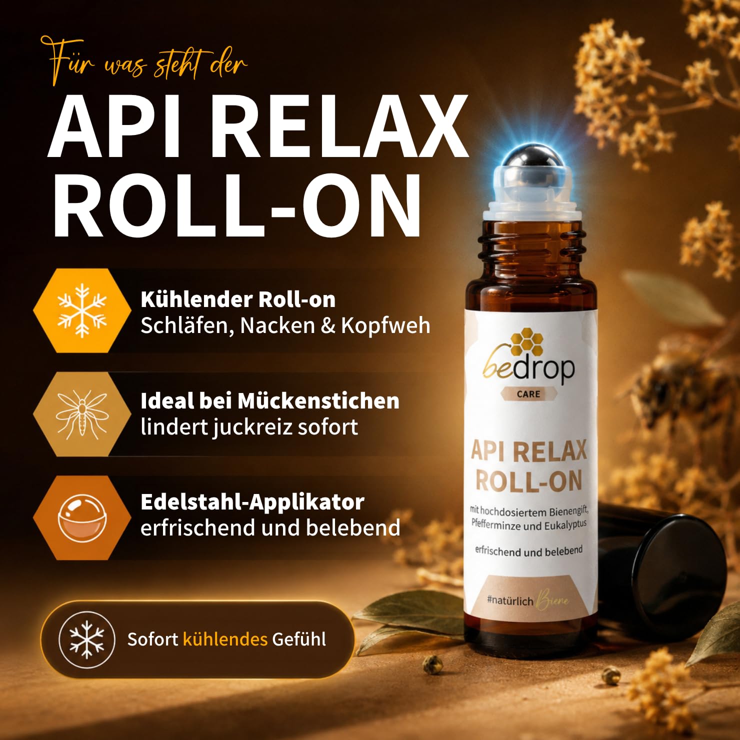 bedrop Api Relax Roll-On - mit hochdosiertem Bienengift, Pfefferminze und Eukalyptus | Bei Kopfschmerzen, ideal auf Schläfen und Muskelbereichen | Praktische To-Go Größe