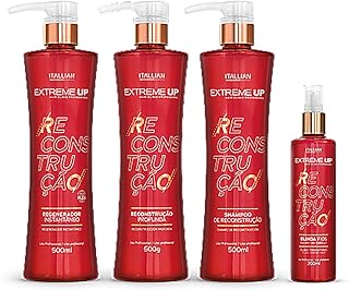 Kit de Reconstrução Profissional Extreme Up Itallian 4pçs: Shampoo 500ml + Reconstrução Profunda 500g + Regenerador 500ml + Brinda Fios 200ml.