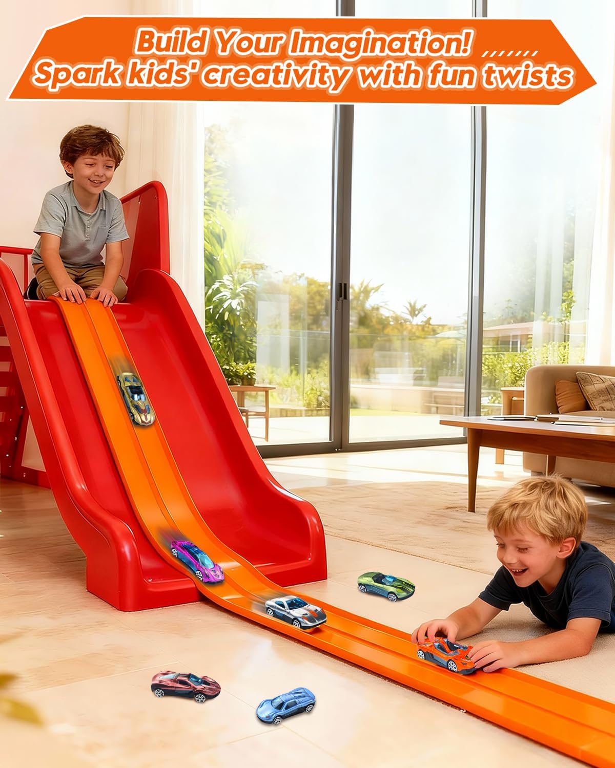 Flexible Race Track for Kids – 15 Ft Roll-Up Car Track with Suction Cups, Fits 1:64 Diecast Cars, Portable Bendable Track Toys for Boys Girls Ages 3+, Orange