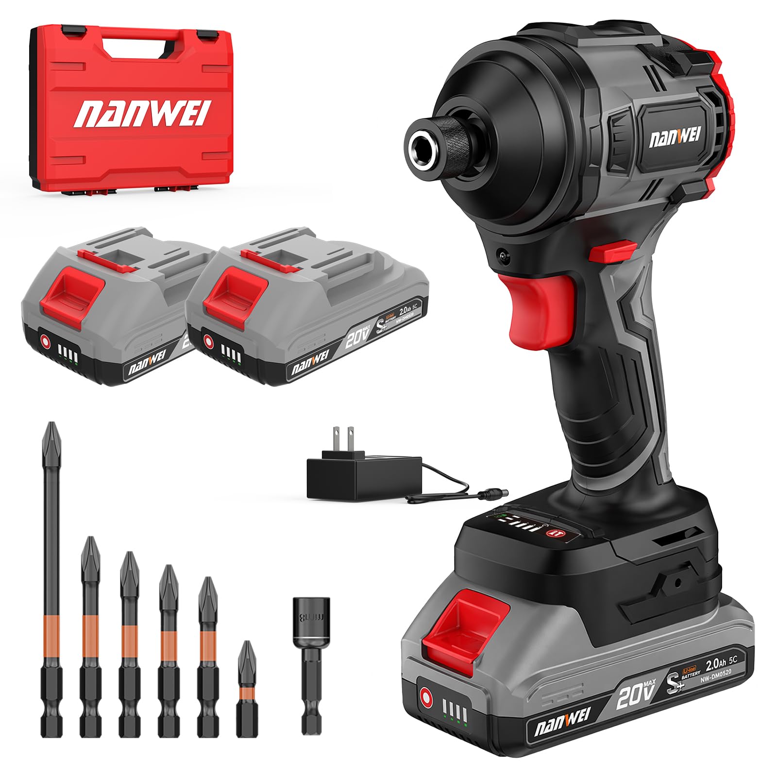 NANWEI Impact Driver, 240N·m, Brushless Motor, 2×2.0ah batttery,1/4'' Hex Shank, Forward Rotation with 4-Speed Setting, Reverse Rotation with Auto-Stop Function (2.0Ah Battery Set)