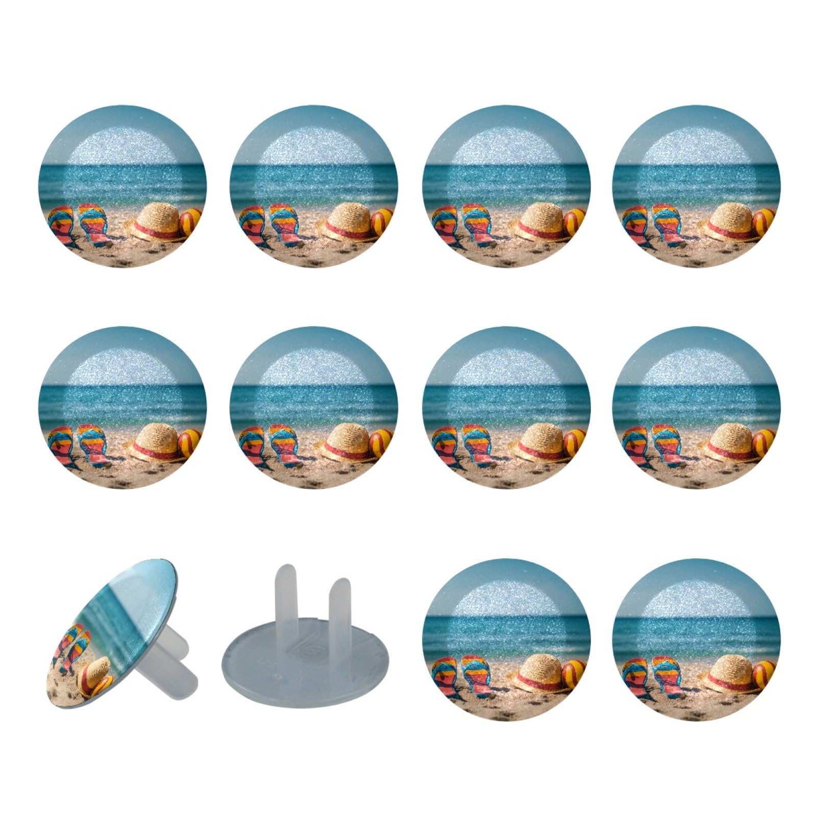 12 Pack Flip Flops and Hat Ball on the Sand Child Proof Outlet Covers, Electrical Safety Socket Protection Caps for 2-Prong Power Wall Plates