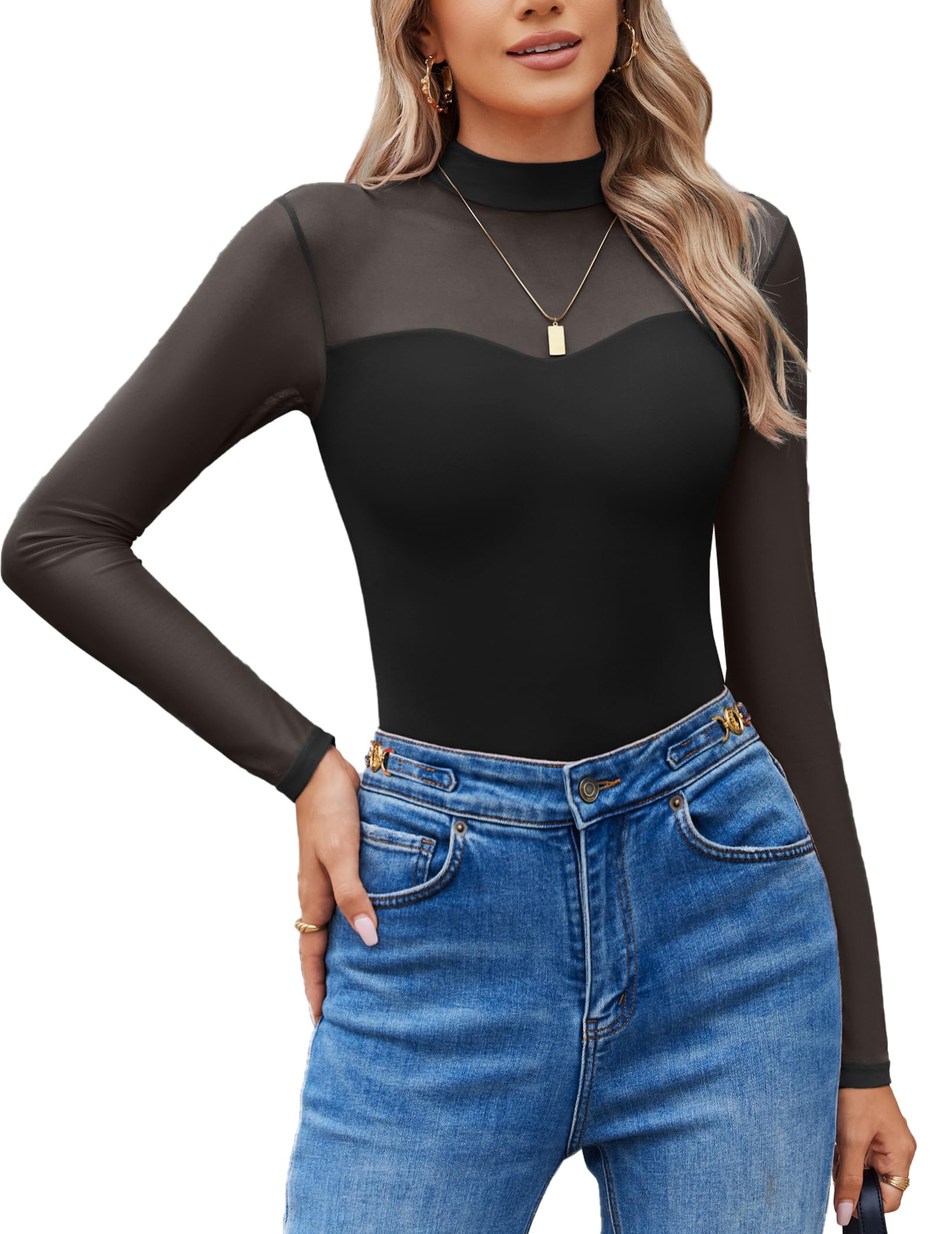 Avidlove Long Sleeve Bodysuits for Women Mock Neck Sheer Mesh Sleeve Bodysuit Double Lined Leotards Shirt Going Out Top
