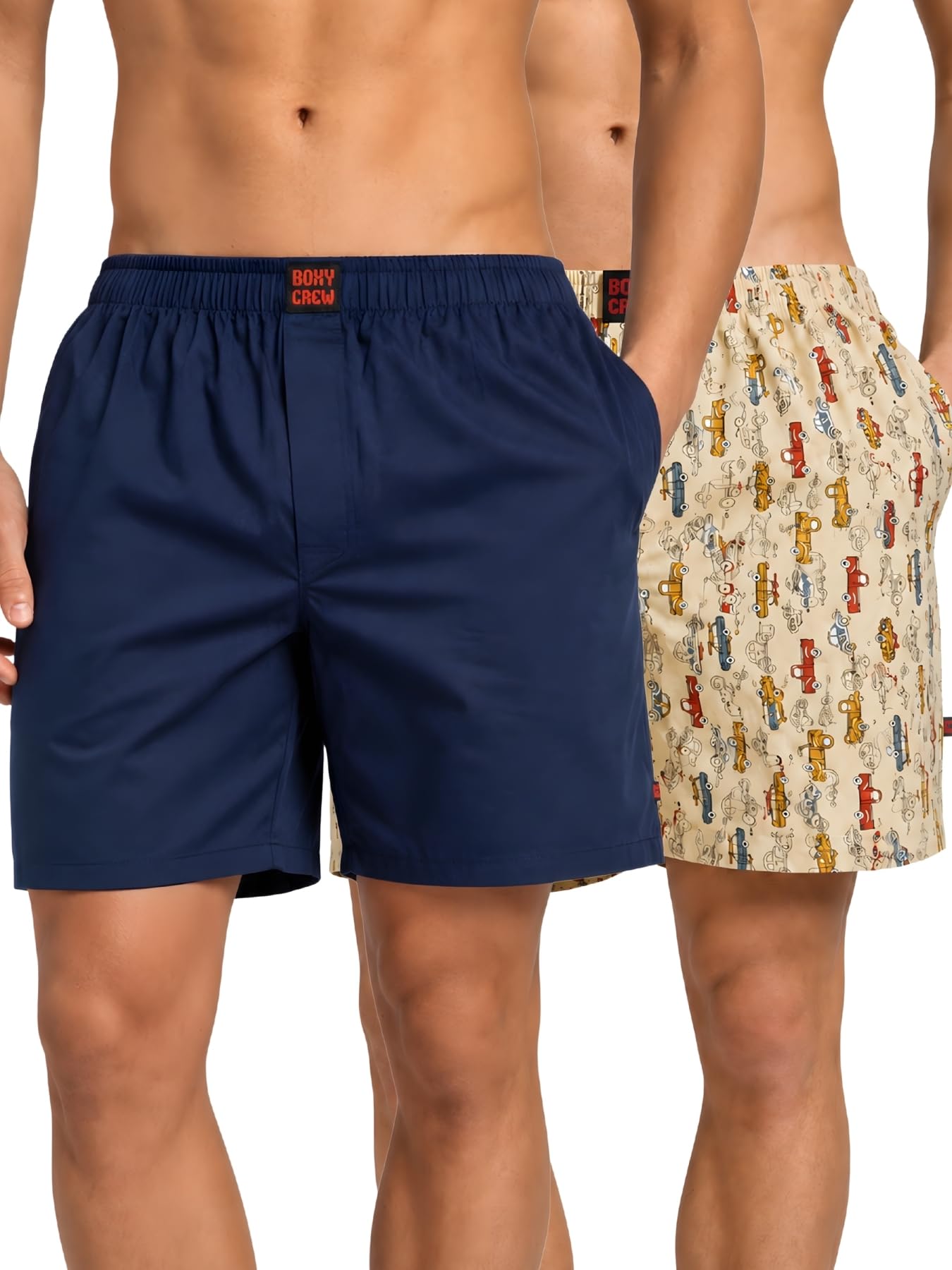 boxy crew Men Boxer Shorts Pack of 2, 100% Cotton Woven Boxers, Navy Blue & Beige, Solid & Printed Designs, Dual Side Pockets, No-Marks Inner Elastic Waistband, Relaxed Lounge & Sleep Shorts-picture-32
