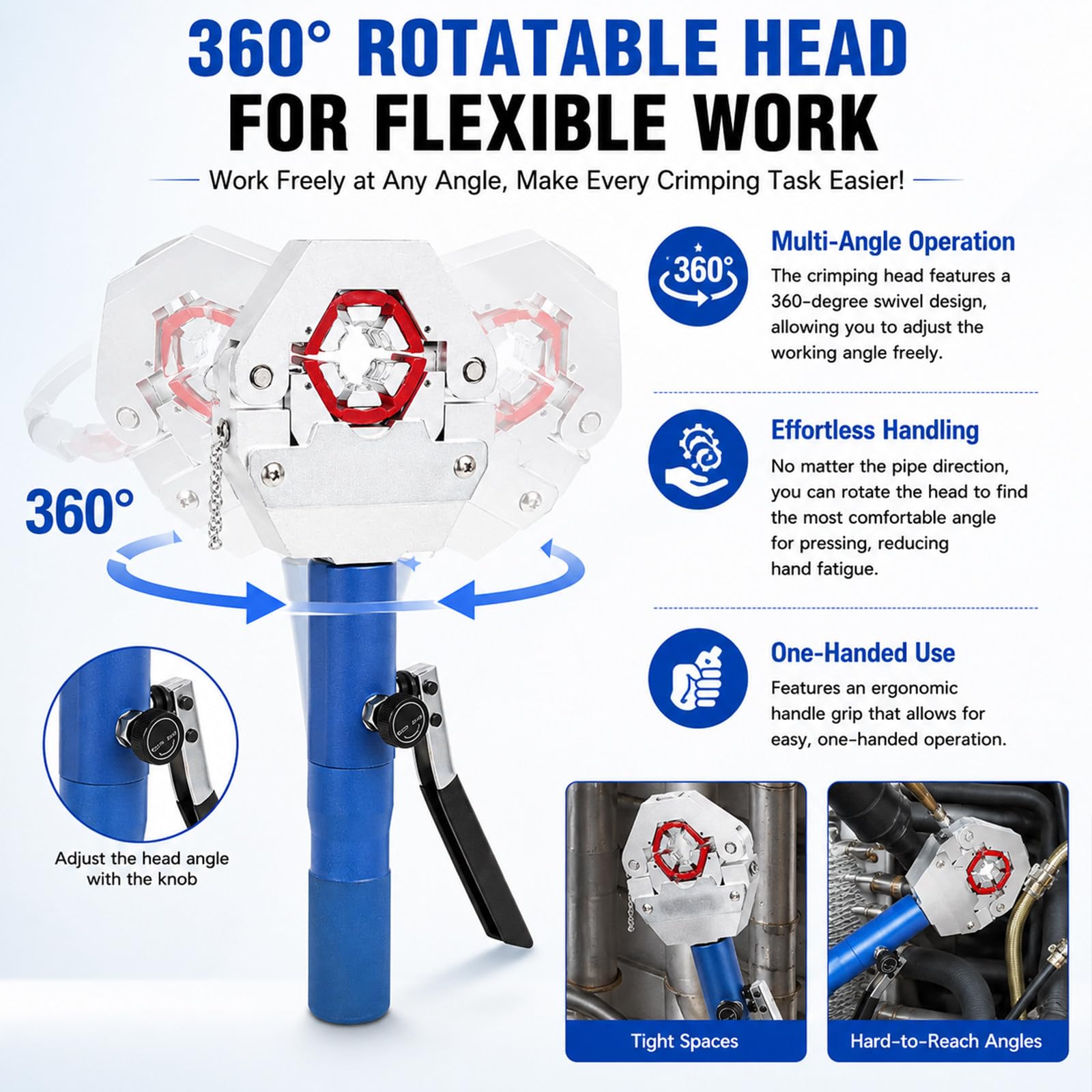 Prensa Multicapa hidráulica 8T Manual, Kit portátil, Cabeza Abierta 360°, 7 Matrices Coloridas, para tuberías de A/C automotriz y Sistemas multidisciplinares.