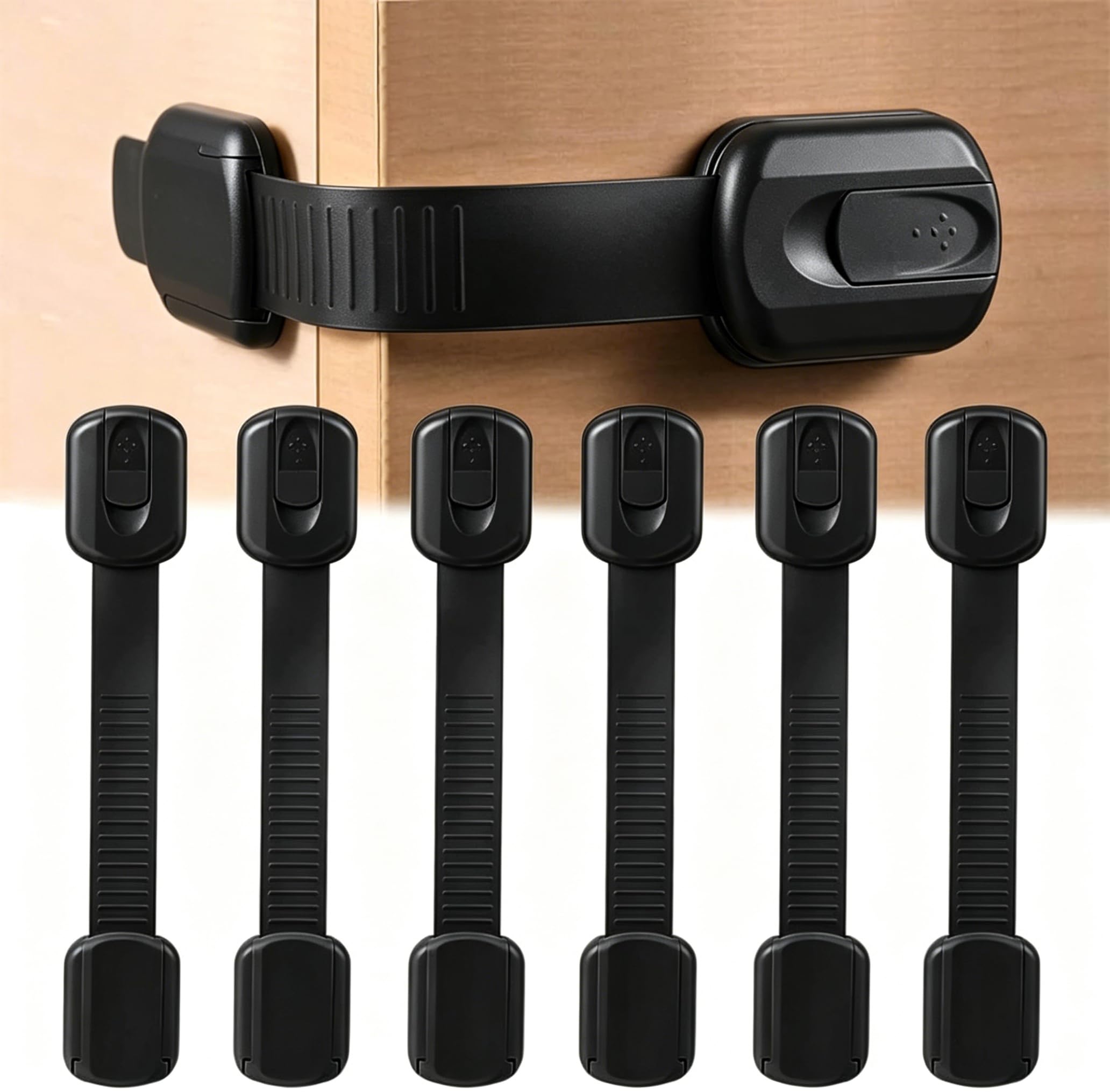 Baby Safety Strap Locks 8 Pack, Child Proof Cabinet Locks, Adjustable Drawer Latches, Adhesive Cupboard Locks for Toddlers, No Drilling White (Black, One Size)