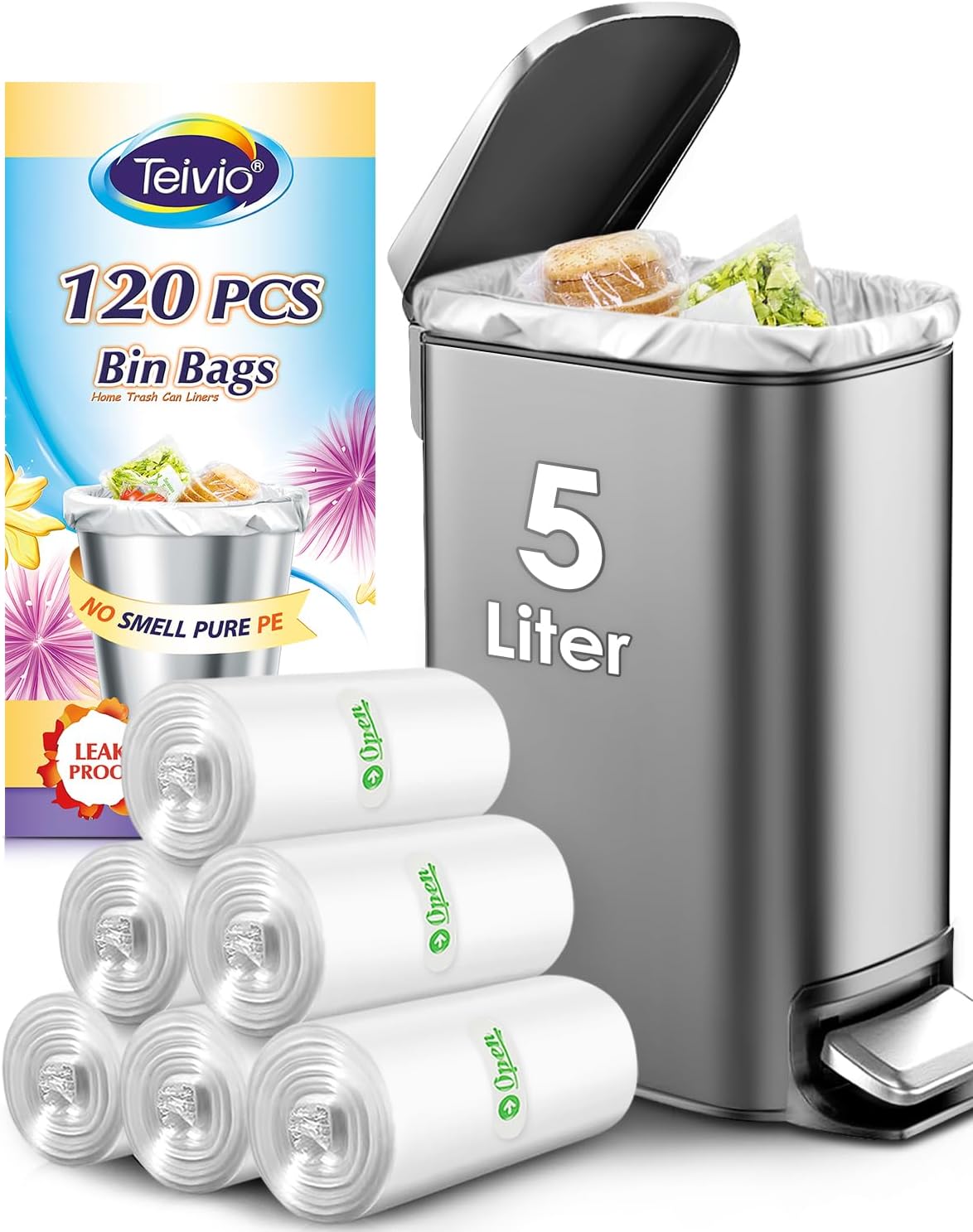 5 Liter Small Bin Bags 120 Counts Pedal Bin Liners Thick Plastic Waste Bags for Bathroom, Kitchen, Office, Fit 3-5L Rubbish Bin, Clear