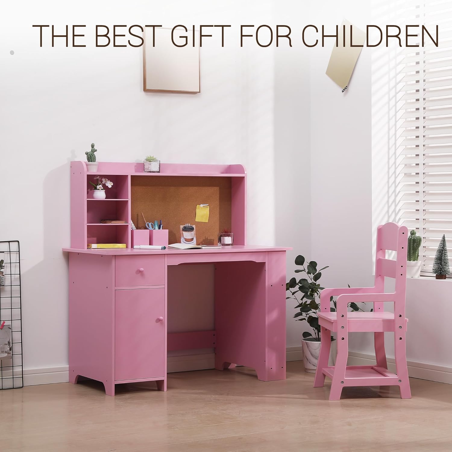 GAOMON Kids Desk and Chair Set, Study Desk and Chair Set,Wooden Study Desk with Bookshelf, Bulletin Board, Cabinet & Drawer,Pink Children’s Writing Table