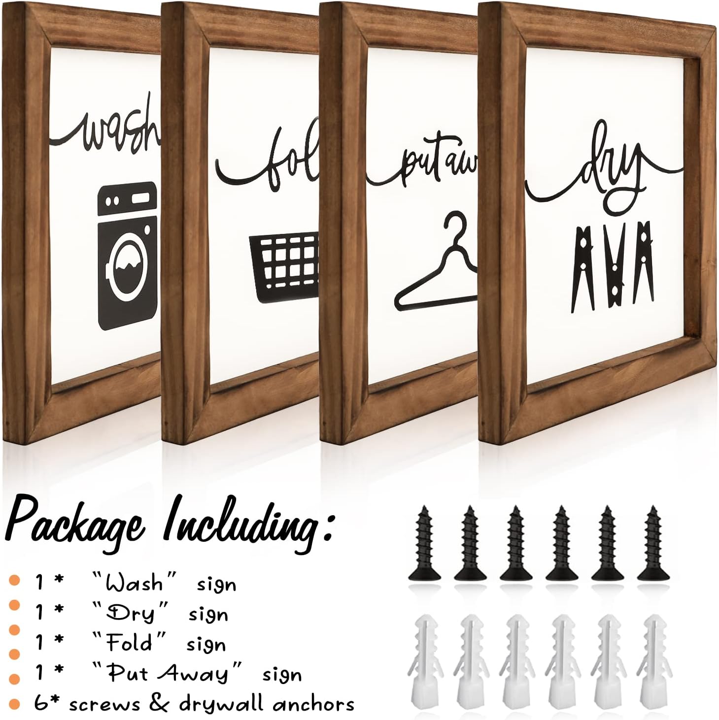 Laundry Room Decor for Wall Farmhouse Signs Set of 4 Wash Dry Fold Put Away Rustic Decor for Shelf Laundry Wall Art with Wood Frame Decorative Room Sign 8'' x 8''