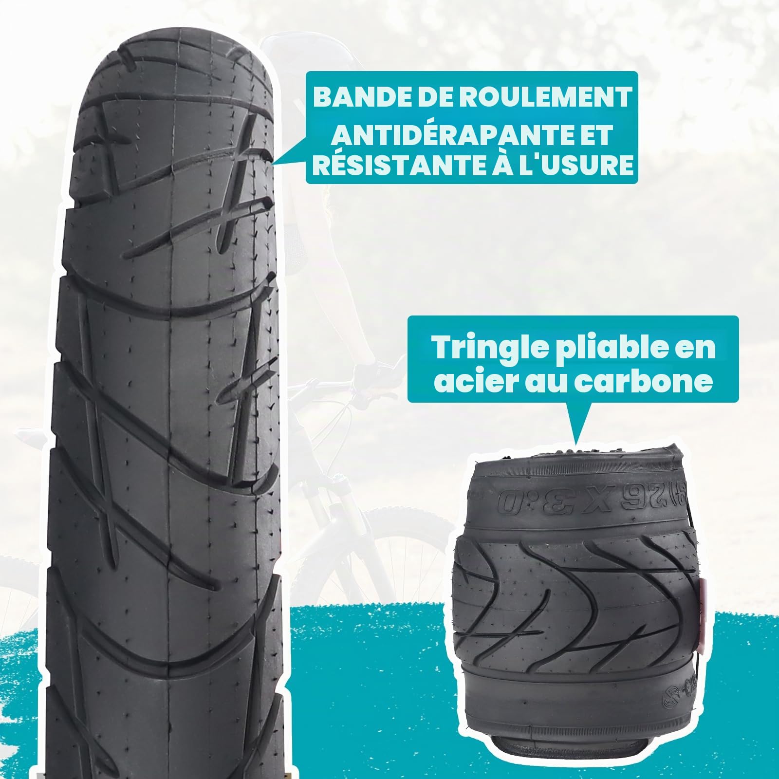 ZUKKA E Bike Pneu de vélo 26 x 3,0 avec pneus graisseux Heavy Duty High Performance Wear-Resistant E-Bike Mountain Snow Bike Noir