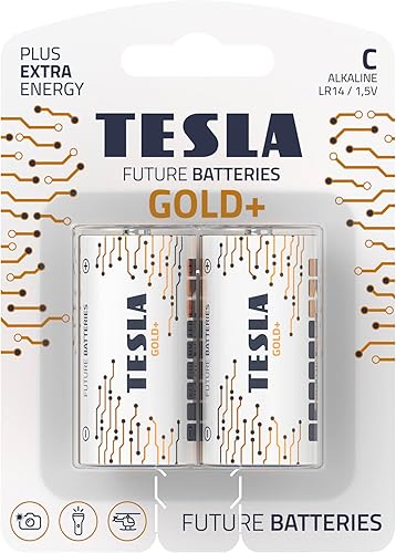 TESLA BATTERIES C GOLD+ (LR14  BLISTER FOIL 2 piezas) Baterías alcalinas de máxima potencia, 10 años de vida útil, una batería de larga duración,