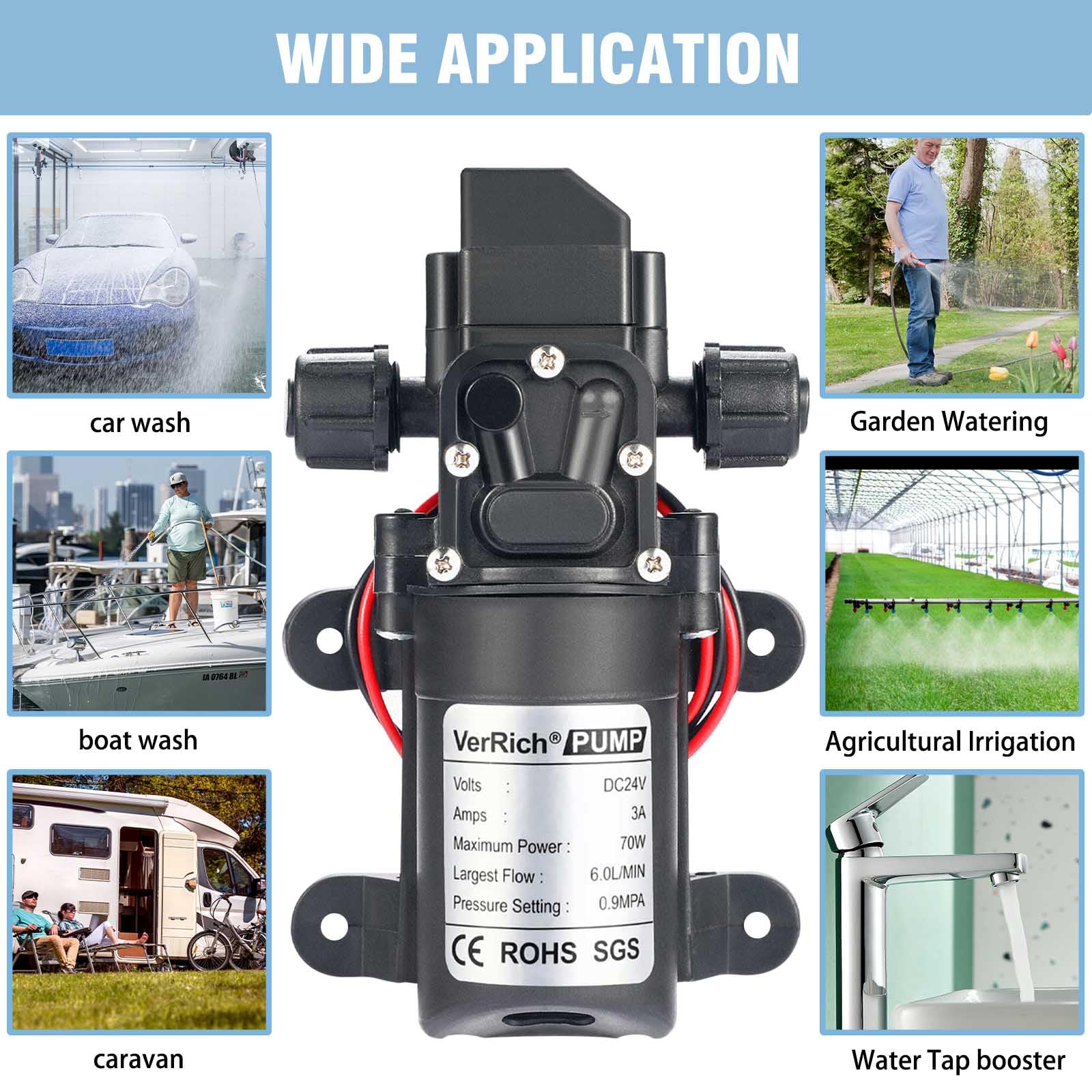 VerRich Pompa a diaframma per acqua 24V con adattatore di alimentazione per rubinetto, camper, roulotte con connettori M18*1,5mm