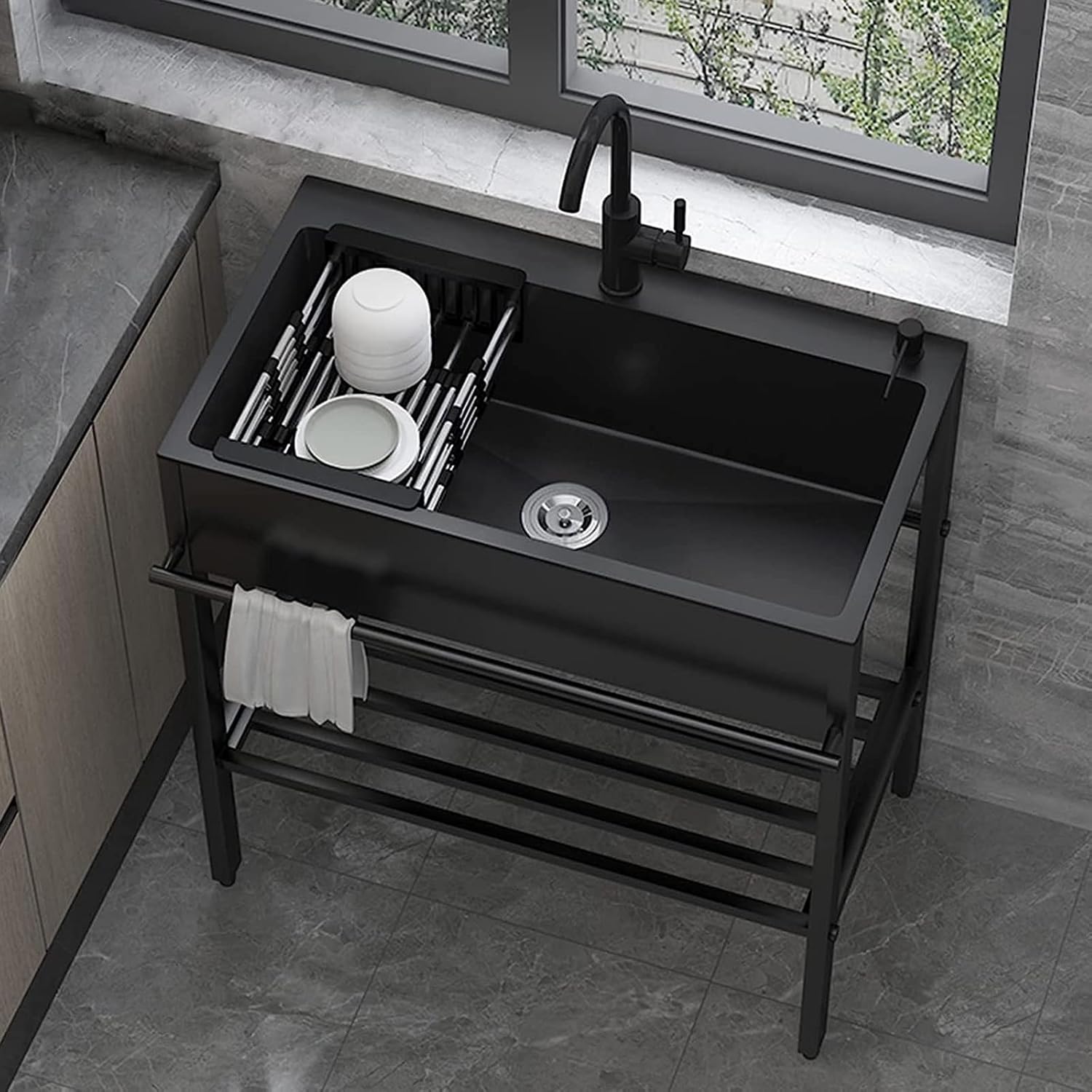 Utility sink Black Utility Single Bowl Sinks Laundry Sink, Free Standing Commercial Restaurant Kitchen Sink,Heavy Duty Floor Mounted Wash Station with Faucet and Storage Shelves for Indoor Outdoor ( S