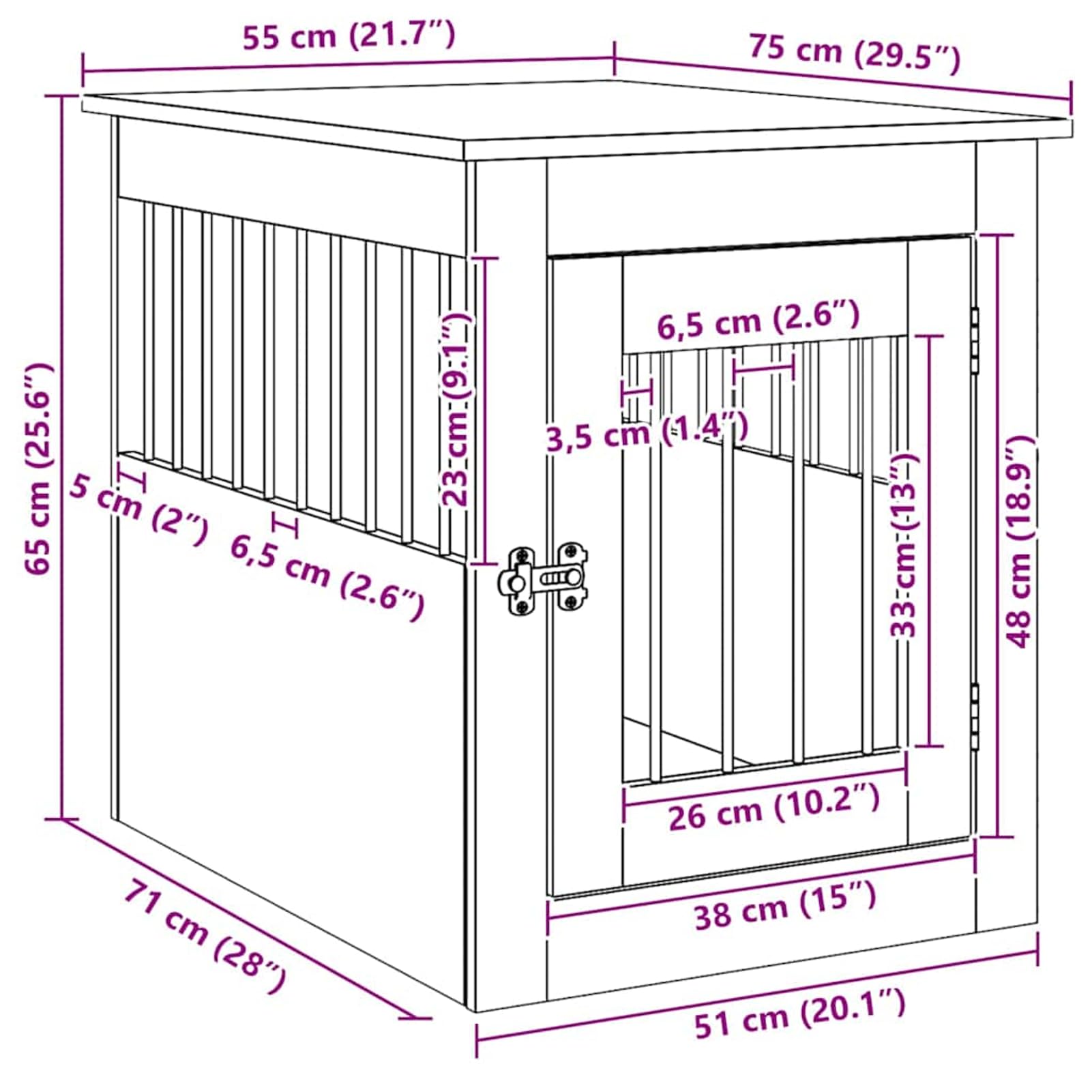 Hundebox Möbel Weiß 55x75x65cm Stahl Holz | 2-in-1 Beistelltisch, abschließbare Tür, robust
