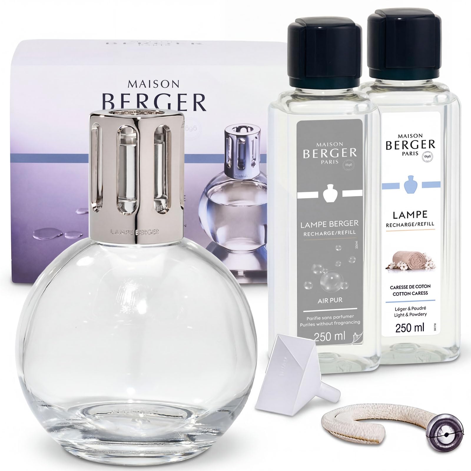 Lampe Berger Essentielle Ronde Set – 1 Lampe + 1 Air Pur Refill 250ml + 1 Caresse de Coton Refill 250ml
