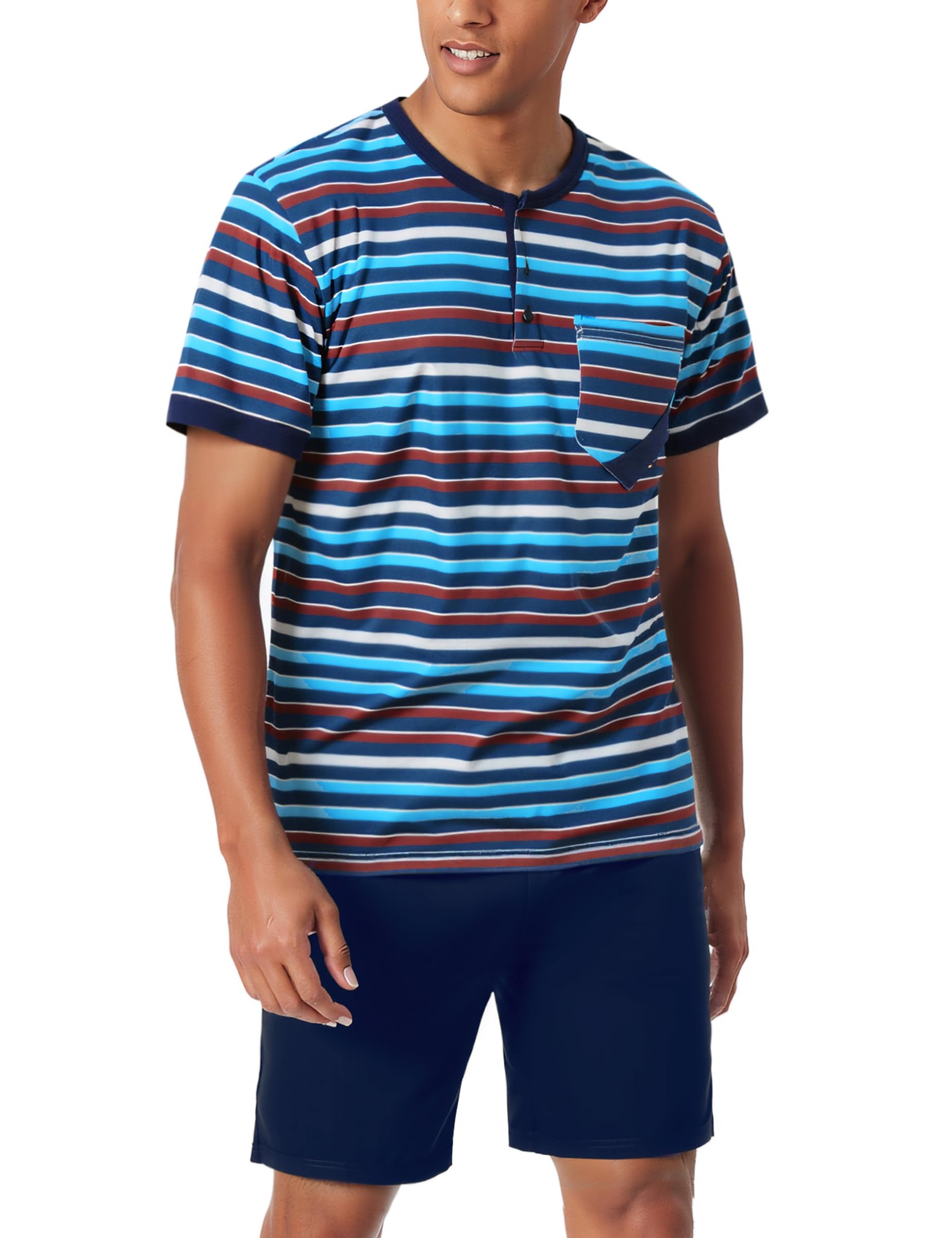 Jezonga Herren Schlafanzug Kurz Baumwolle Nightwear Set Pyjama Shorty Sommer Schlafanzüge Männer Kurzarm Nachtwäsche mit Knopfleiste