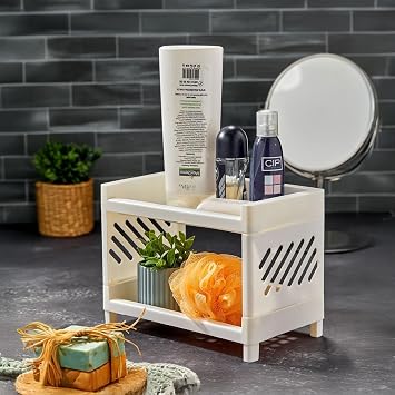 Deconox 2 Tiers Multi-Purpose Makeup Organizer – Clear Acrylic Jewelry & Cosmetic Organizer | Shelf for Bathroom, Kitchen and Study | Modern and Space Saving