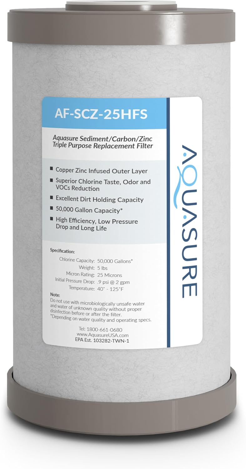 Aquasure Fortitude V2 Series Triple Purpose Sediment/Carbon/Zinc Bacteria Inhibiting Water Treatment Pre-Filter with Housing System, Standard Size | Removes 99% of Contaminants (AS-FS-25SCZ)