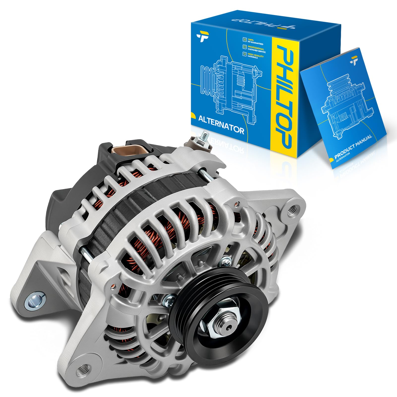 PHILTOP Alternator Compatible with Rio 2001-2005, Spectra 2000-2003, Sephia 1999-2001, Spectra 2004 1.8L High Amp Alternators Replace 13948N 12V 80Amp CW S4 4-Groove Pulley-image-44