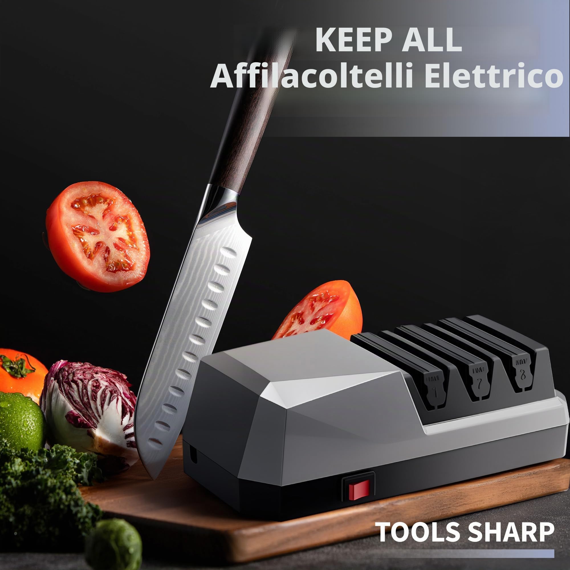 Affilacoltelli Elettrico Professionale, 3 Fasi con Abrasivi Diamantati, Affilatore per Tutti i Tipi di Coltelli