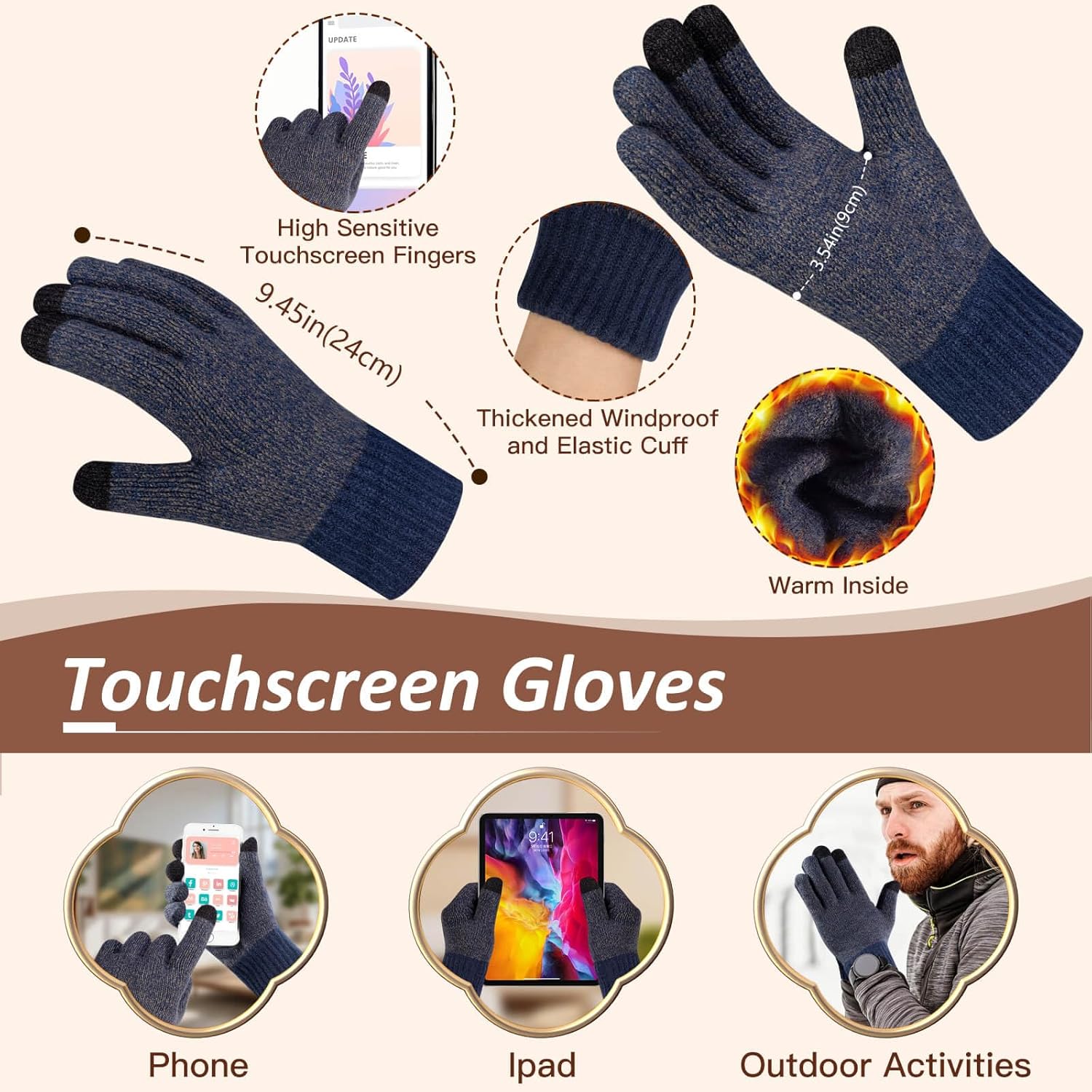 Men Women Winter Beanie Hats Scarf with Touchscreen Gloves Warm Knit Themal Gloves Long Scarf Set with Fleece Lined - Image 3