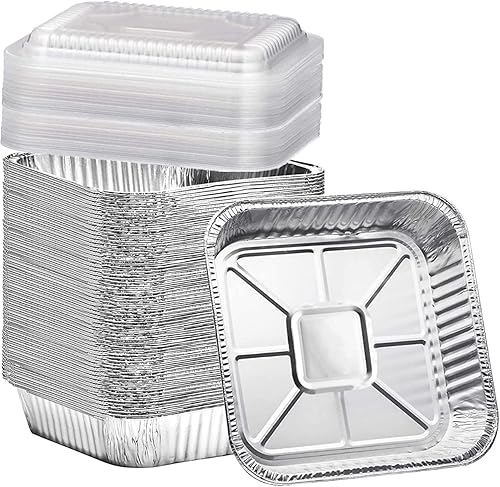 Paquete de 35 moldes cuadrados de aluminio para hornear pasteles de 8 x 8 con tapas de plástico transparente, bandejas de aluminio con tapas,