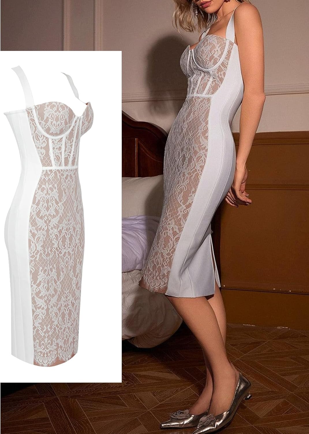 Lace Fishbone Midi Cocktail Party Bandage Dress for Women Back Slit Wedding Guest Dress - Image 4