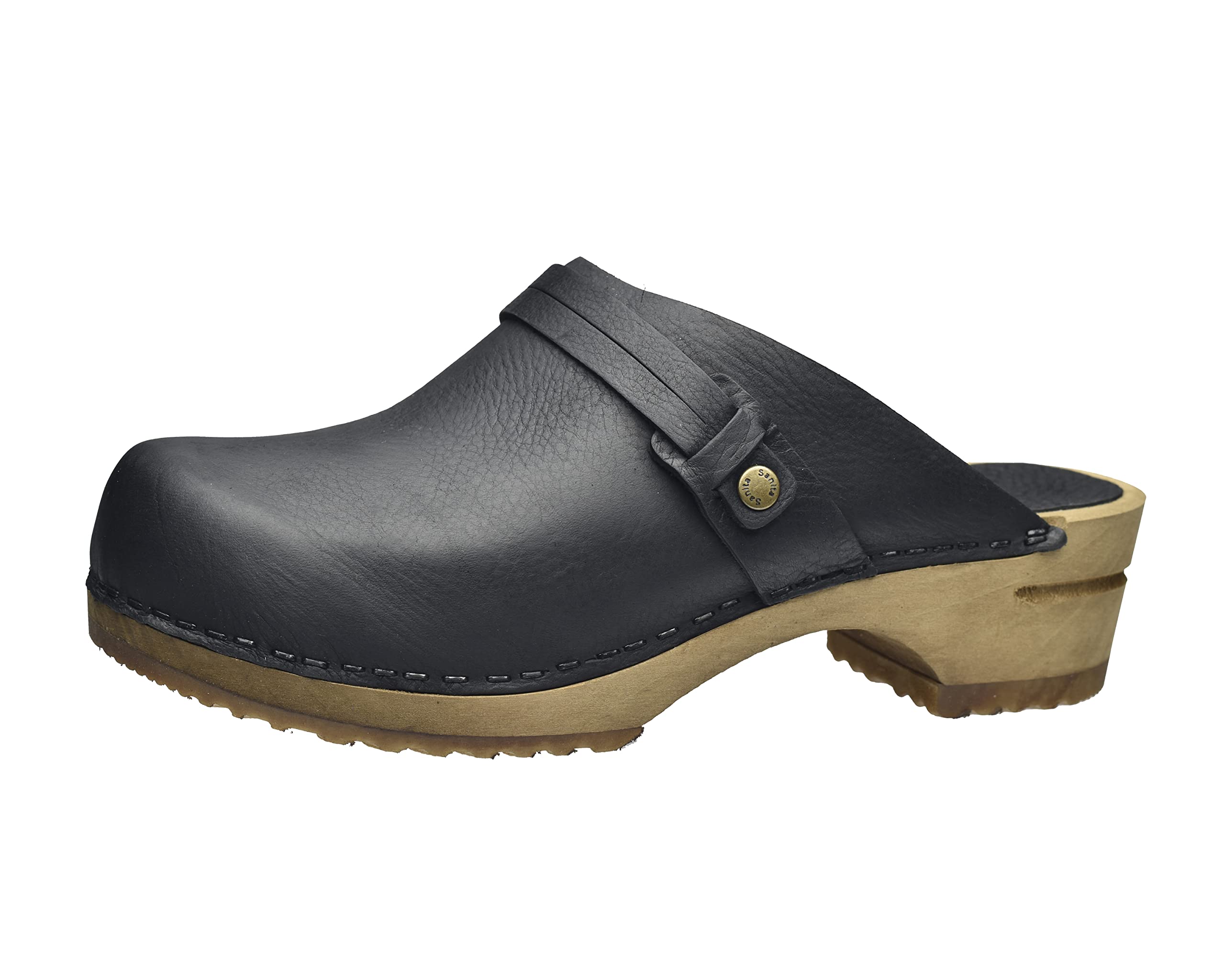 Sanita Ursana offener Clogs | Original handgemacht | Leder-Holzclogs für Damen | Schwarz | EU 42