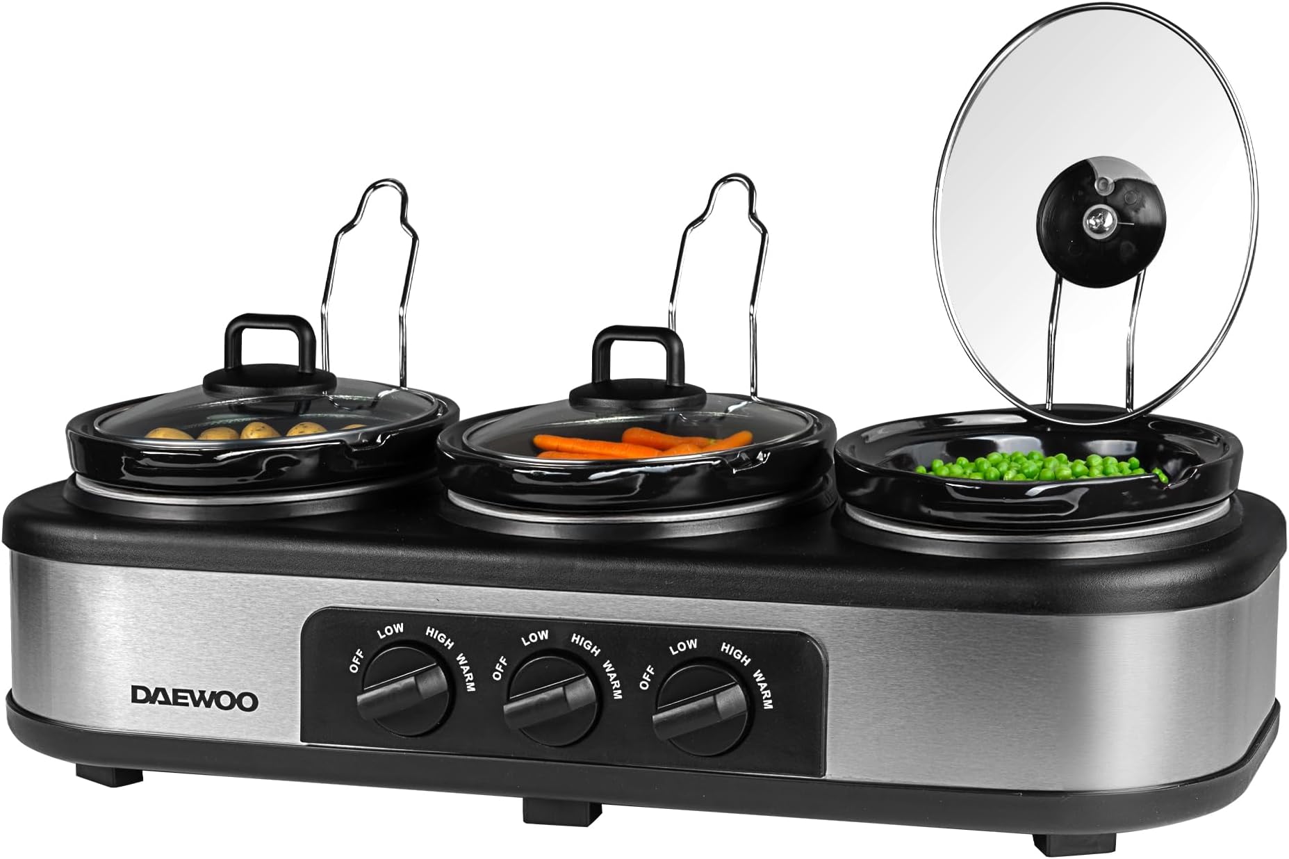 Daewoo Triple Slow Cooker 3 x 1.5L – Multi-Pot Electric Buffet Server with Individual Heat Settings (Low, High & Keep Warm), Ideal for Entertaining, Batch Cooking, and Family Meals, Black