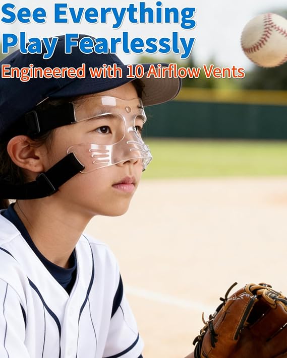 Nose Guard for Broken Nose - Adjustable Face Shield for Basketball, Soccer & Softball - Shatterproof Face Guard with Soft Padding - Wide View and Lightweight (Small Size)