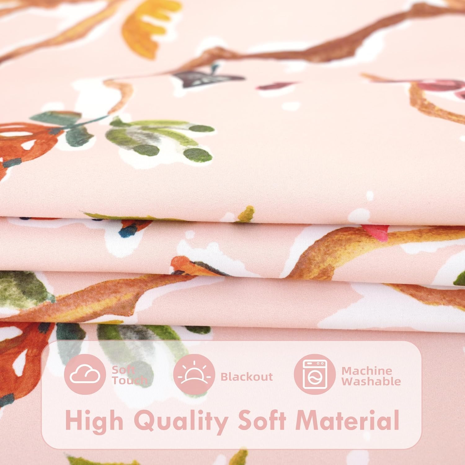 DriftAway Lauren Pink Blackout Curtains for Bedroom Colorful Watercolor Branch Printed Pattern Lined Thermal Insulated Grommet Drapes 2 Panels for Girls Living Room 90 Inch Soft Pink