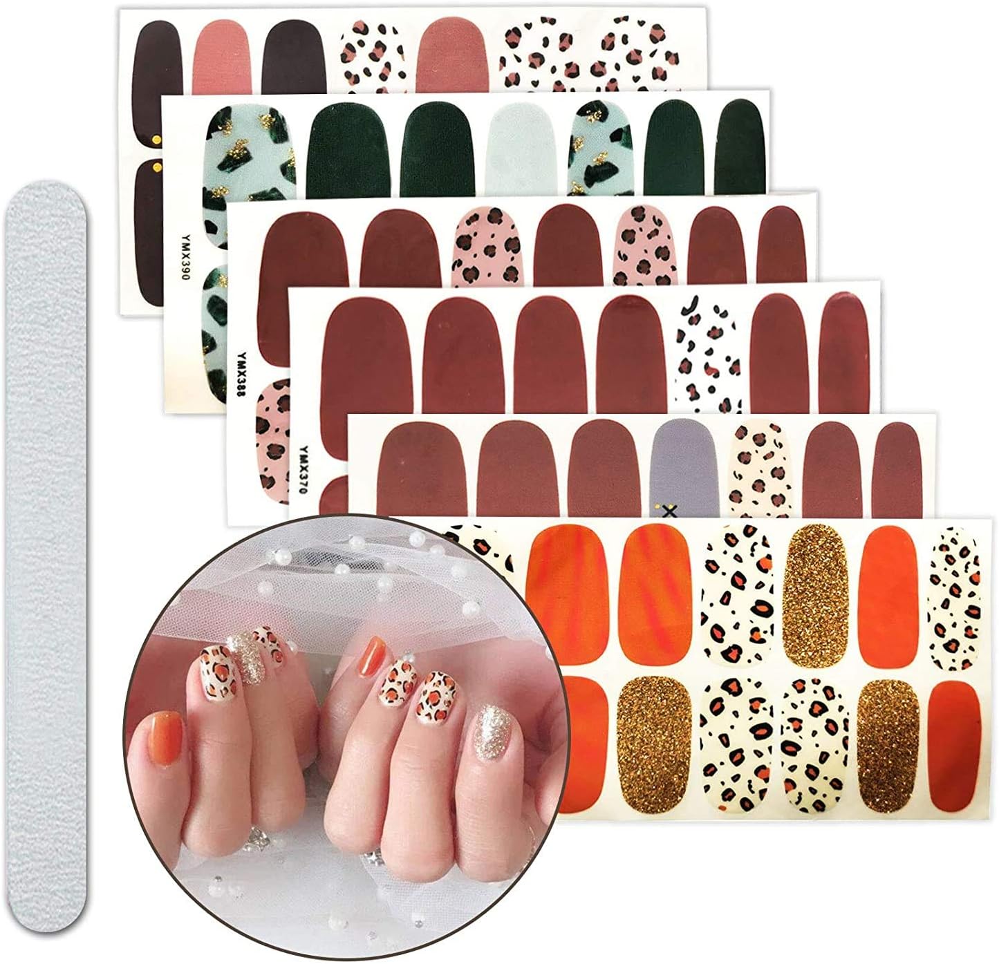 6 Sheets Full Nail Wraps Art Polish Stickers Decal Strips Adhesive False Nail Design Manicure Set with 1Pc Nail Buffers Files for Women Girls