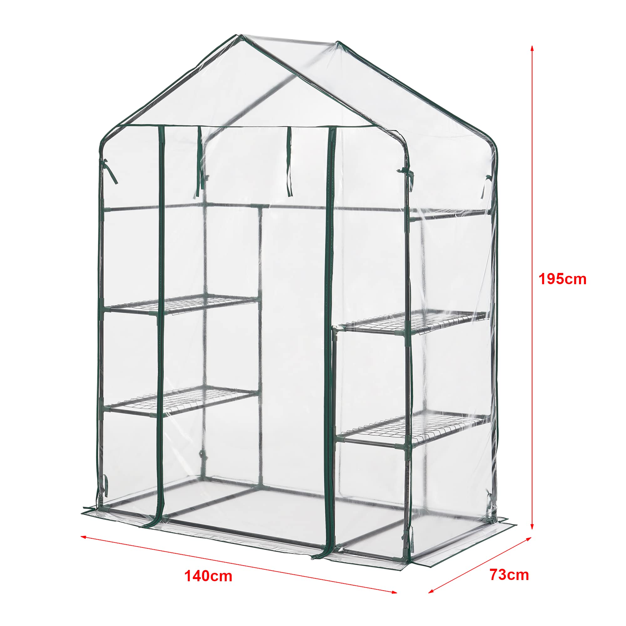 [en.casa] Serra da Giardino con Scaffali a 4 Ripiani Struttura in Acciaio Copertura in PVC Trasparente Porta con Chiusura a Zip Serra a Casetta per Piante Orto 195x140x73 cm