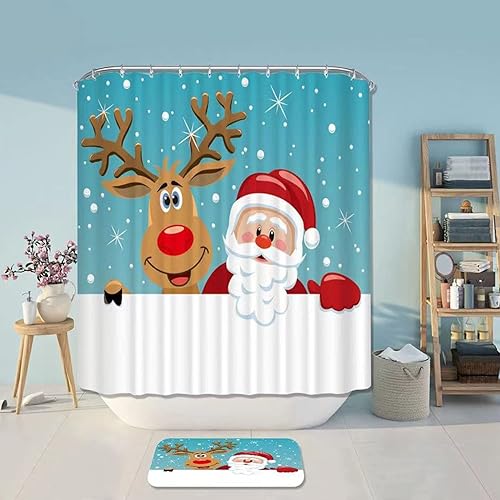 Miniatura 5 de Juego de cortinas de ducha de Navidad, divertidas cortinas de ducha para niños, impermeables, azul y blanco con ganchos, perfectas para decoraciones