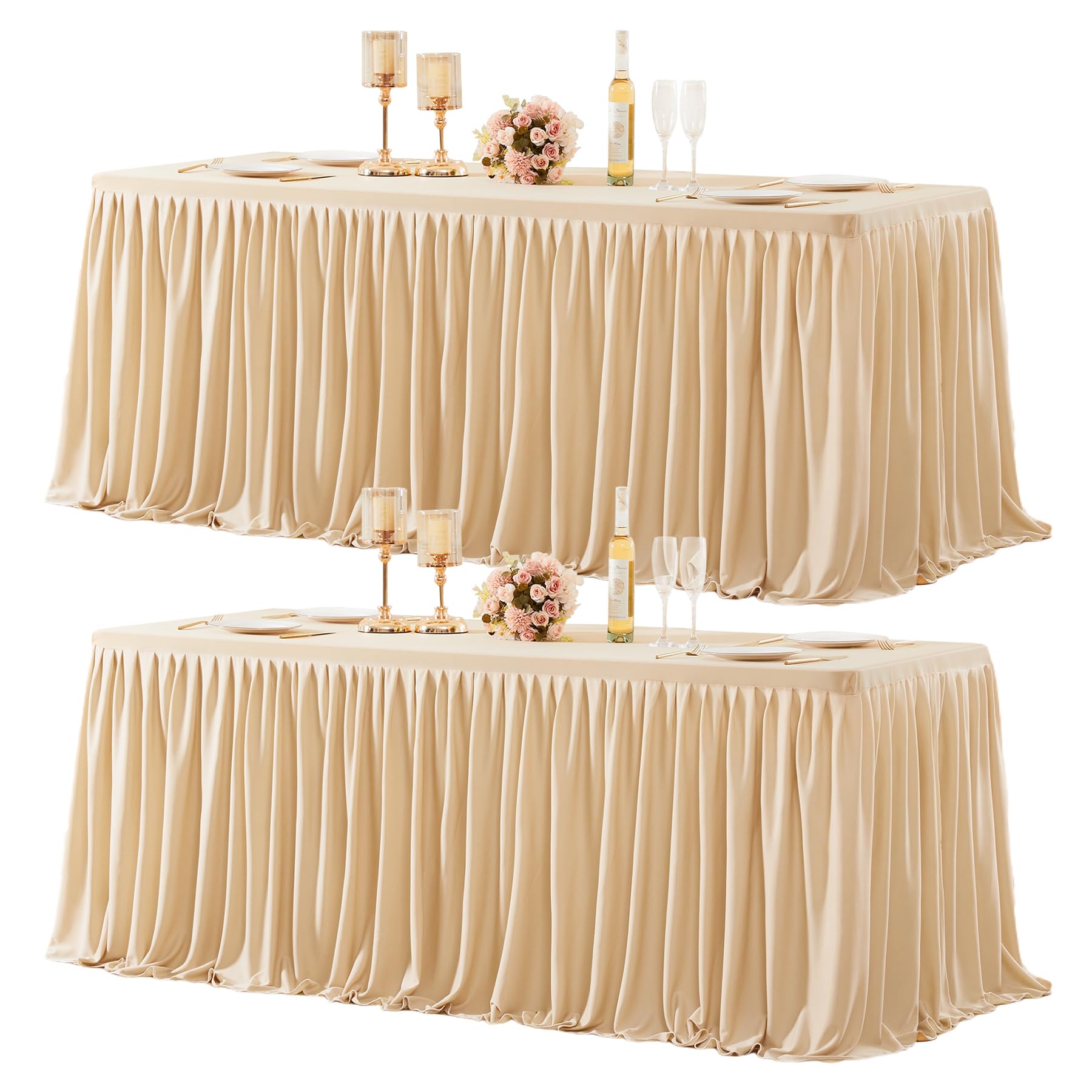 2 Packs Dark Champagne Polyester Table Clothes for 4 Foot Rectangle Tables, Wrinkle Free Fitted Table Cover 4ft Stretch Tablecloths with Skirt for