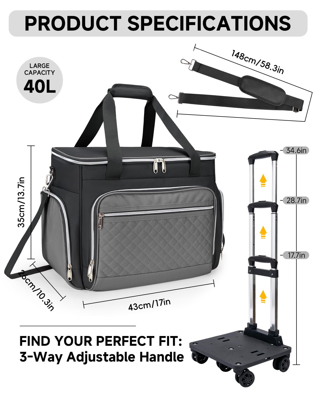 Amythe Lehrertasche mit Rollen Damen mit Akkordeon-Aktenordner, Abnehmbarer Trolley mit 5 Rädern mit Gepolsterten Taschen für 15.6 Zoll Laptop Reisen/Schule/Büro, Schwarz