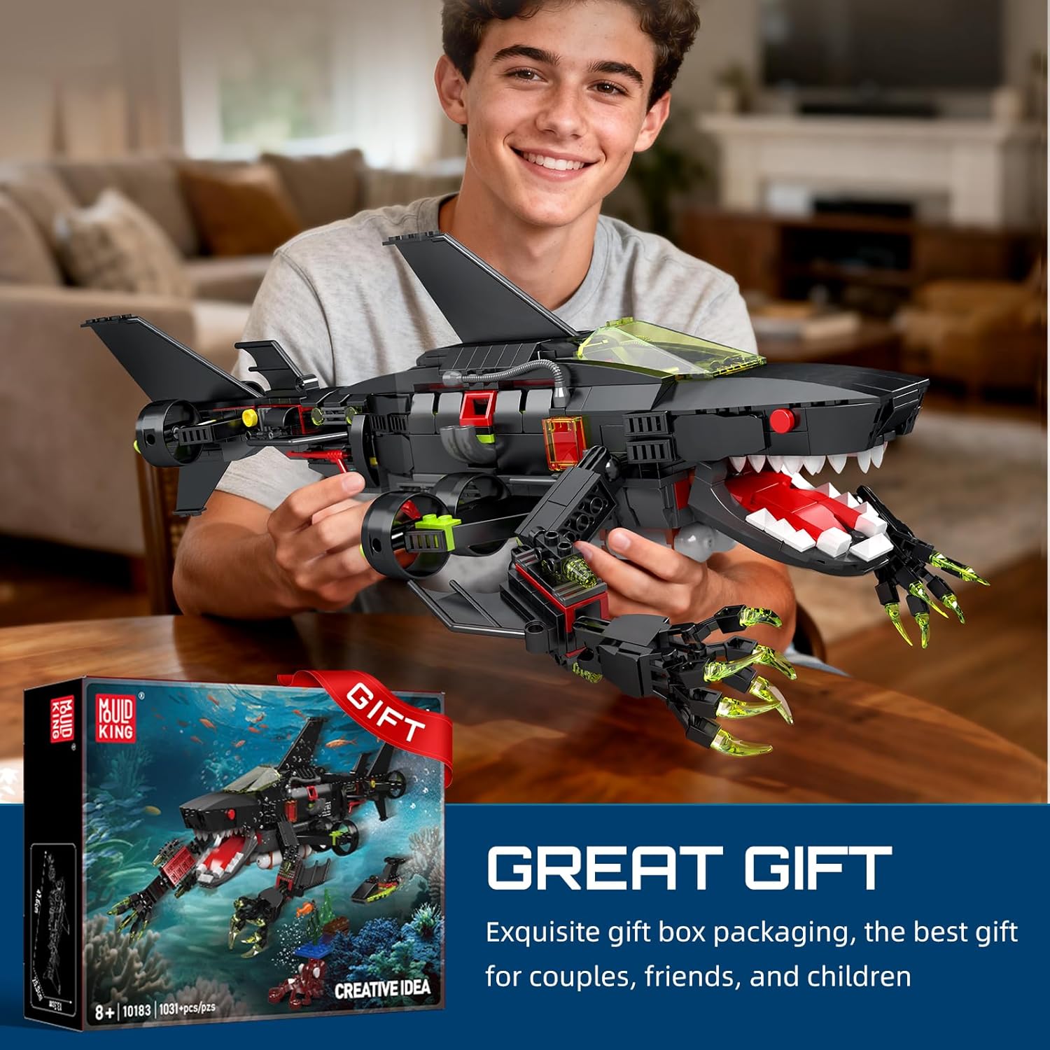 Mould King 10183 Shark Building Set - 1031 PCS Movable Ocean Animal, Realistic Shark Model Kit for Adults and Kids Who Love Animal Building Toys