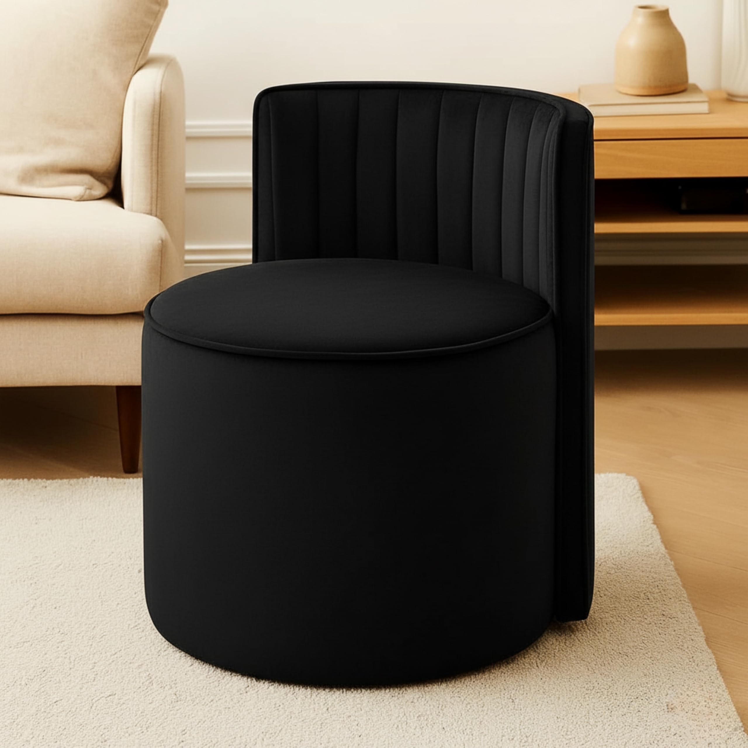 Wooden & Polyster Fabric Puffy Ottoman Stool for Living Room | Seating Pouffes for Dressing Table Sitting | Foot Rest Ottoman Dressing Table Stool for Home Décor and Office_Black-(66)-image-2