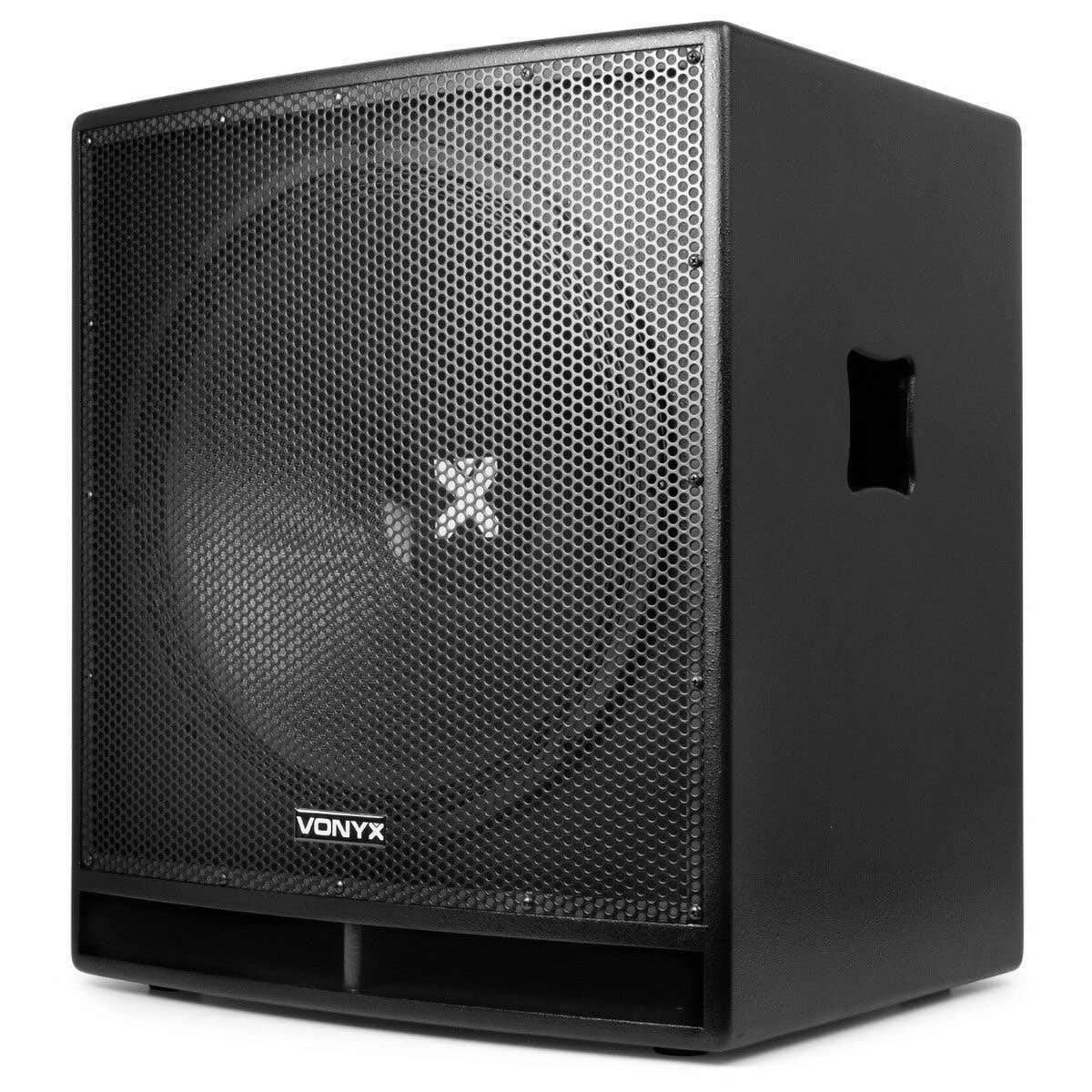 VONYX SWP18 Caisson de Basse Actif 1200W, Phase Réglable, Entrée/Sortie XLR + RCA, Amplificateur Intégré, Insert sur la Face Supérieure pour Enceinte Active, Grave 18", Idéal pour DJ Mobile