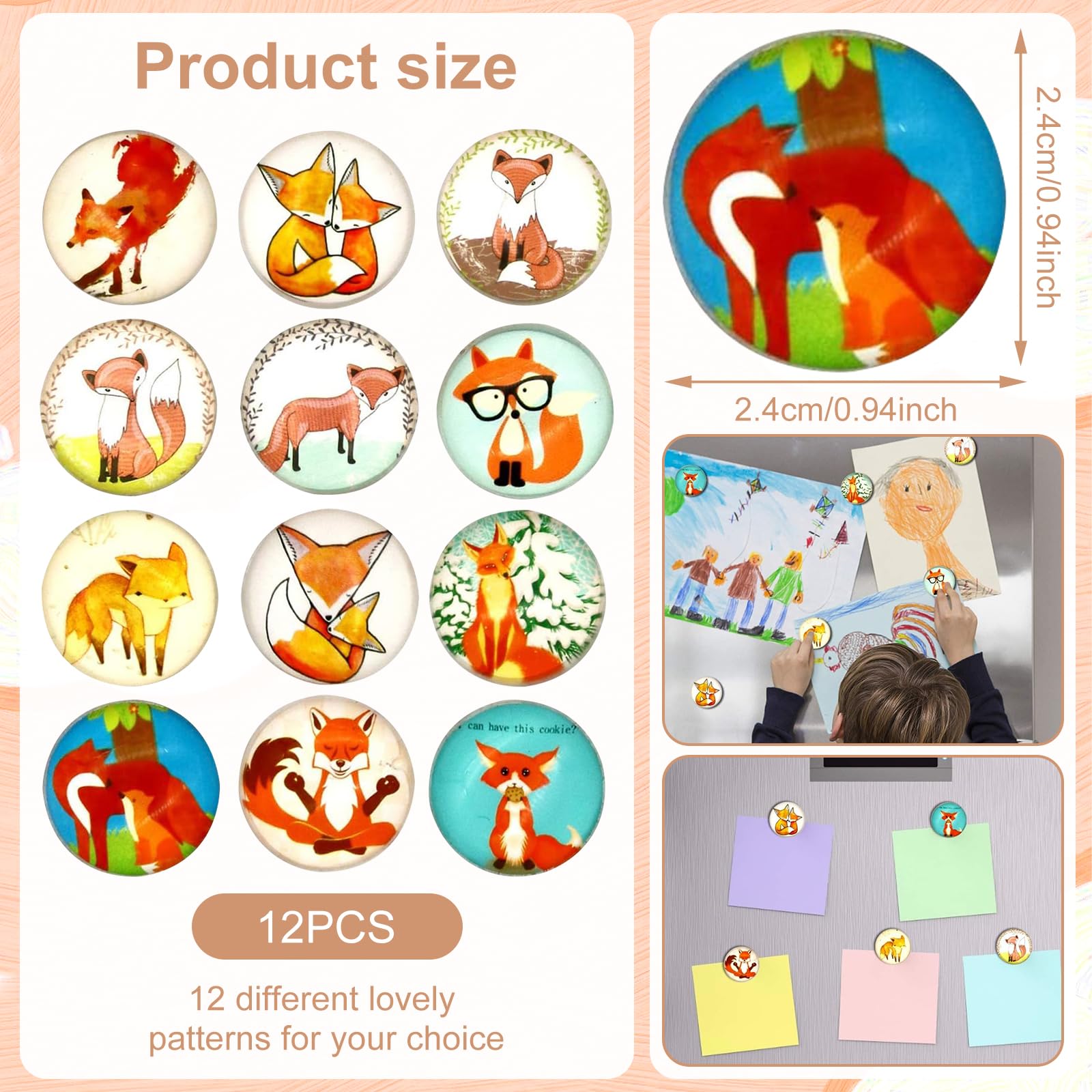 12 Aimants Ronds 30mm Verre - Motifs Enfants - Pour Frigo, Tableau Blanc - Décoration Colorée