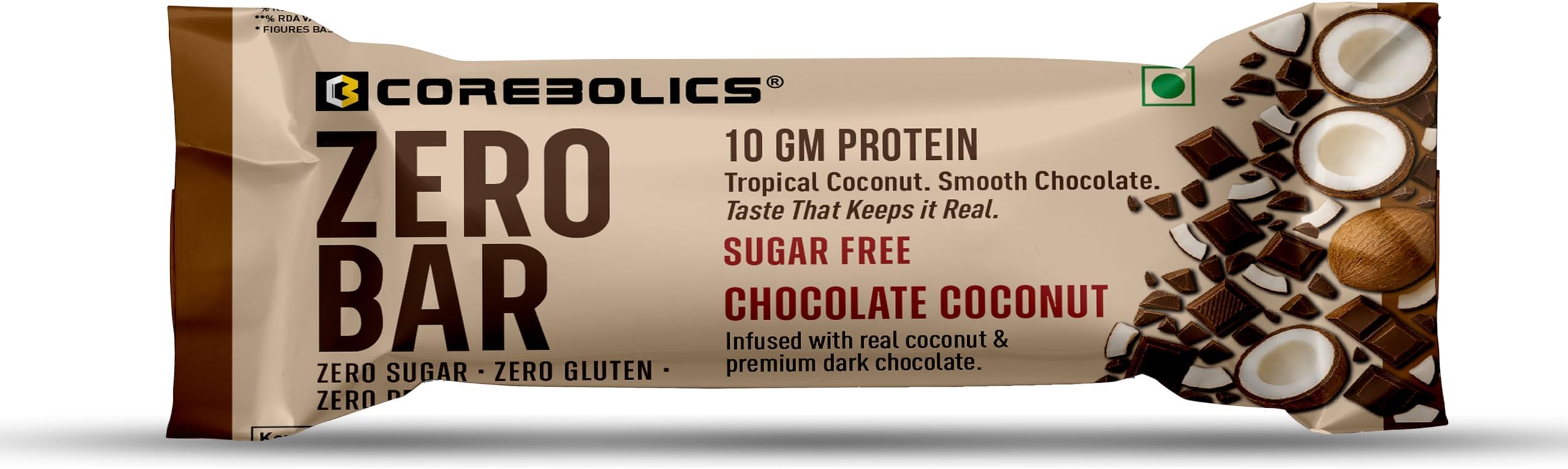 COREBOLICS ZERO BAR (10 GM PROTEIN, 6 BARS) |1 BOX - 6 PCS | 40 gm Protein Bar |(Chocolate Coconut Flavour) | Zero Sugar | Zero Gluten | Zero Preservative