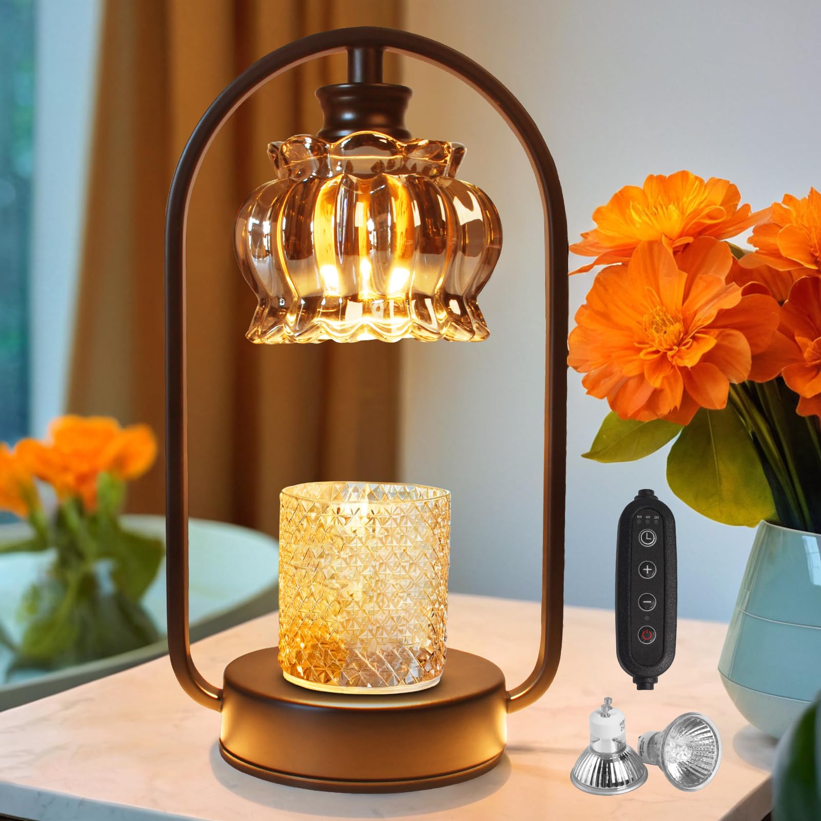 Candle Warmer Lamp with Timer, Black Crystal Glass, Metal Base, 4-Level Dimmable Wax Melt Warmer for Jar Scented, Includes 2 Bulbs - Modern Home Decor & Birthday Gift for Mom Women, Vintage & Gray