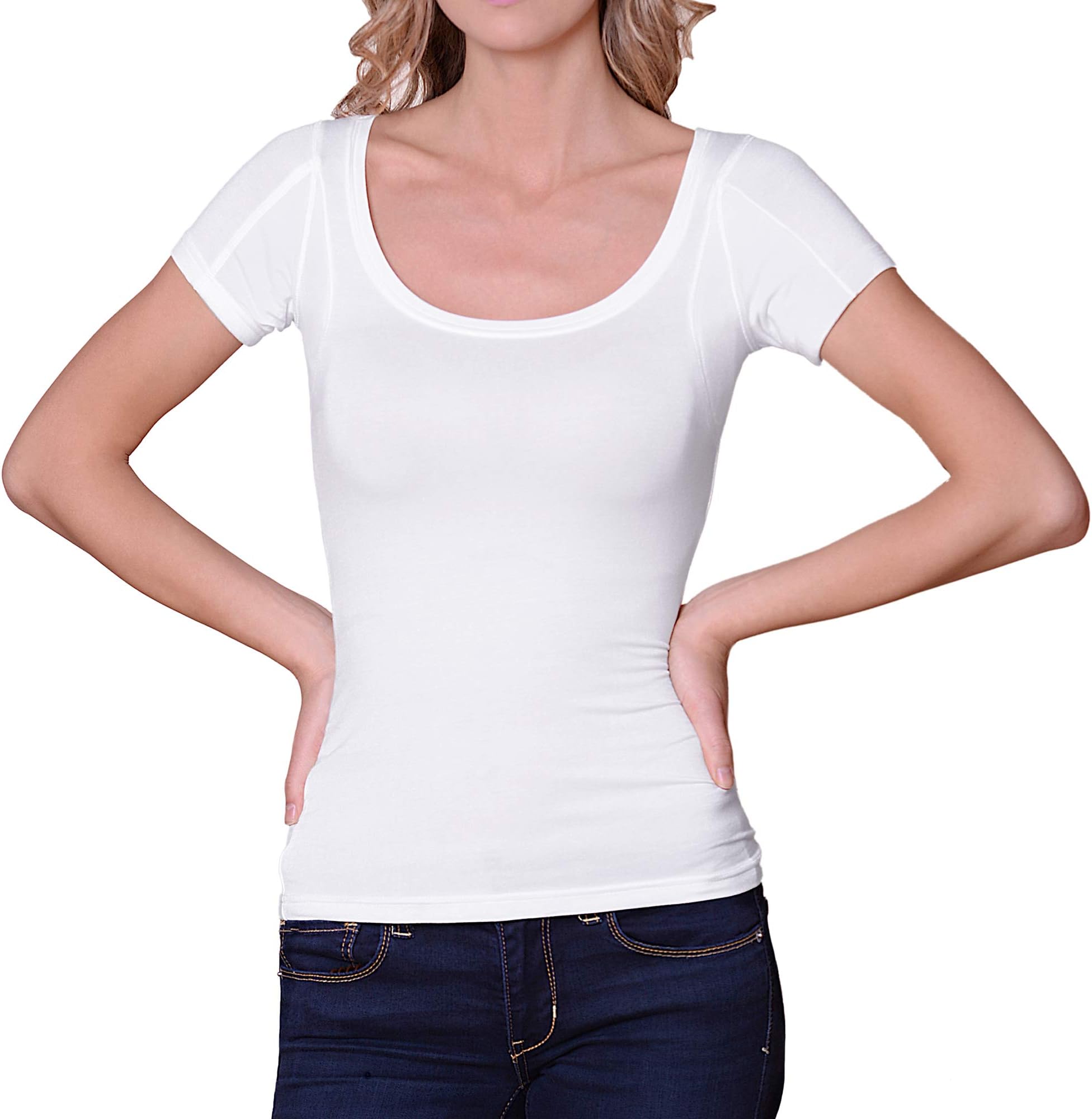 Sweatproof Undershirt for Women, Scoop Neck, White, Armpit Sweat Pads, Stops Underarm Sweat, Sweat Proof Undergarment