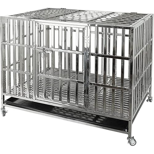 Confote 42" Heavy Duty Stainless Steel Dog Cage Kennel Crate and Playpen for Training Large Dog Indoor Outdoor with Double Doors & Locks Design Included Lockable Wheels Removable Tray No Screw