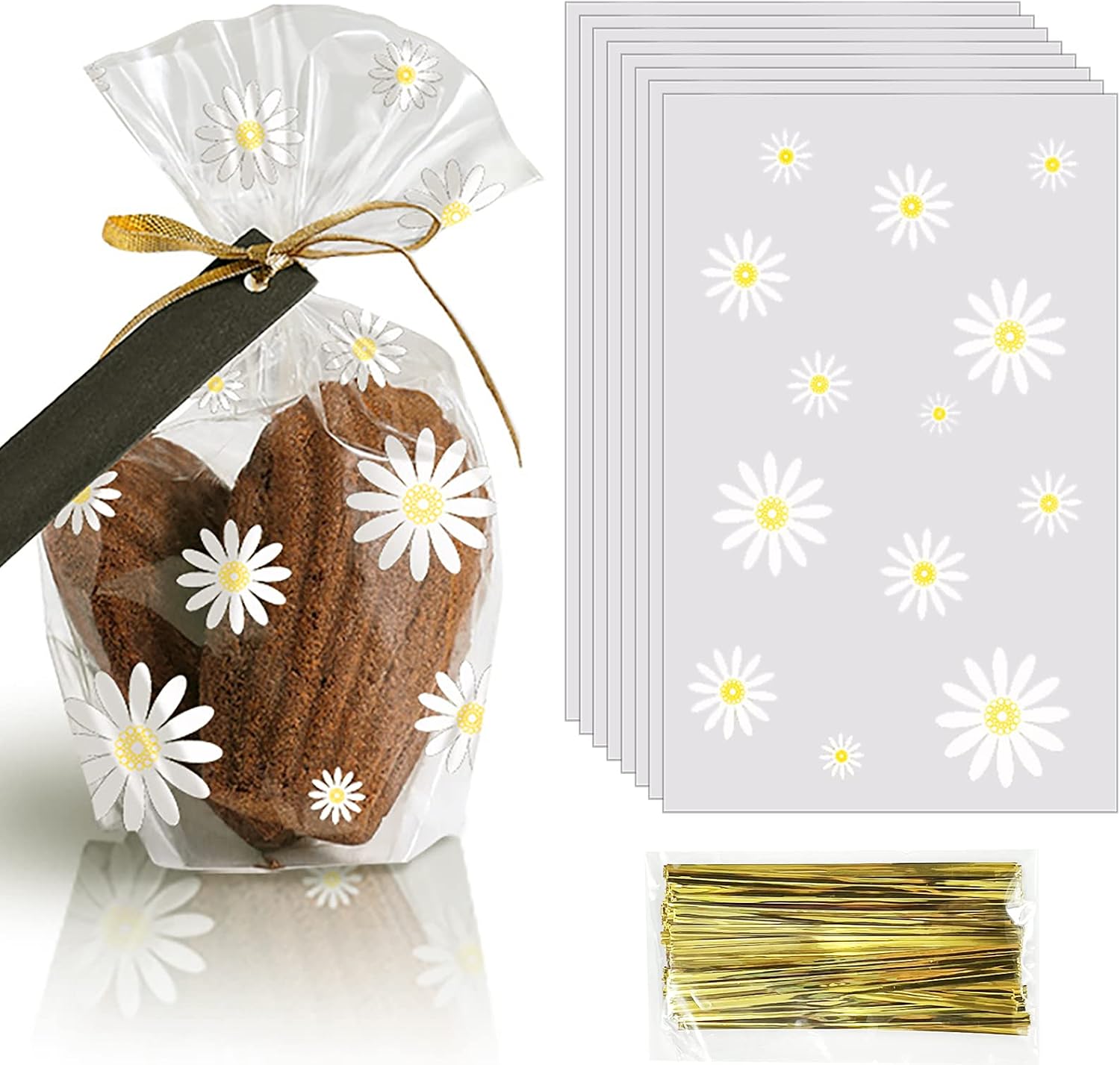 100Pcs Daisy Candy Bags Gusseted Cellophane Bags Size 5.9"x9"x2" With Gold Twist Ties, Best Gusset Bag for Presenting Packaged Treats, Candys, Cookies Gift Bags