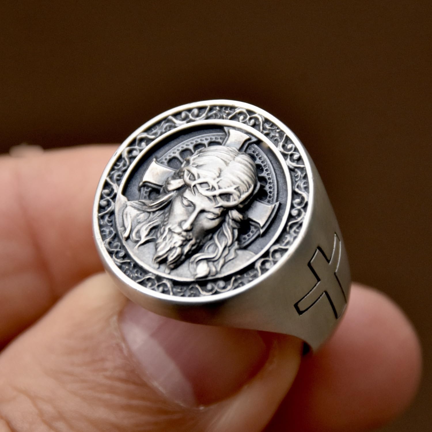 Jésus Christ Bague En Argent Sterling 925 Croix Dieu Tête Bijoux Religieux À La Main Biker Silverzone77