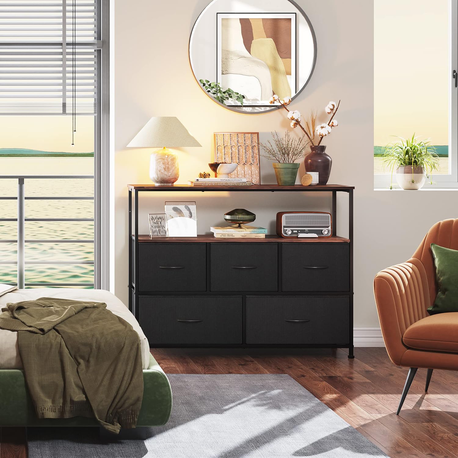 AVGVLIJ TV Console Table, Entertainment Center with Fabric Drawers, Modern TV Stand for 45 inch TV, Wood TV Media Console Table for Living Room Bedroom, Entryway (Black)