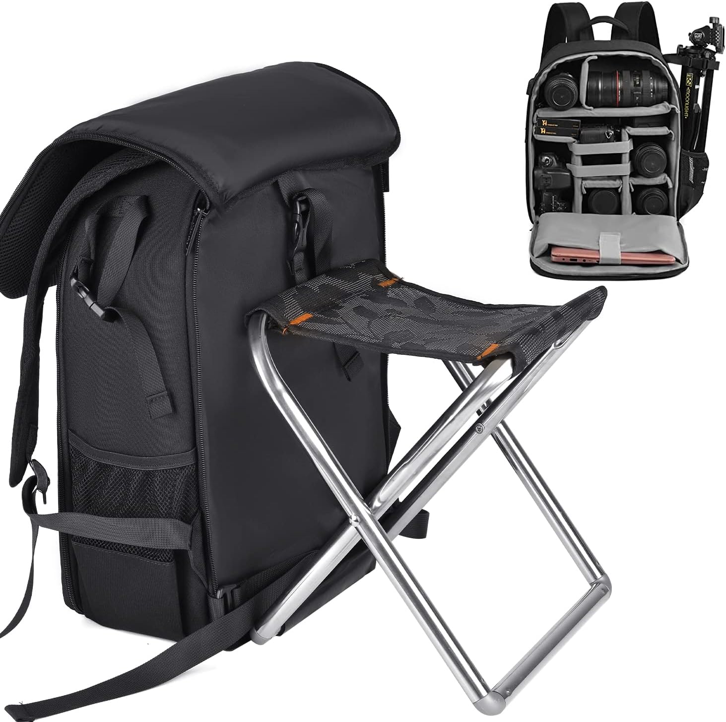 CADeN Camera Backpack Bag Professional for DSLR/SLR Mirrorless Camera Waterproof, with Folding Stool, Camera Case Compatible for Sony Canon Nikon Camera and Lens Tripod Accessories (Large, 7.0 Black)