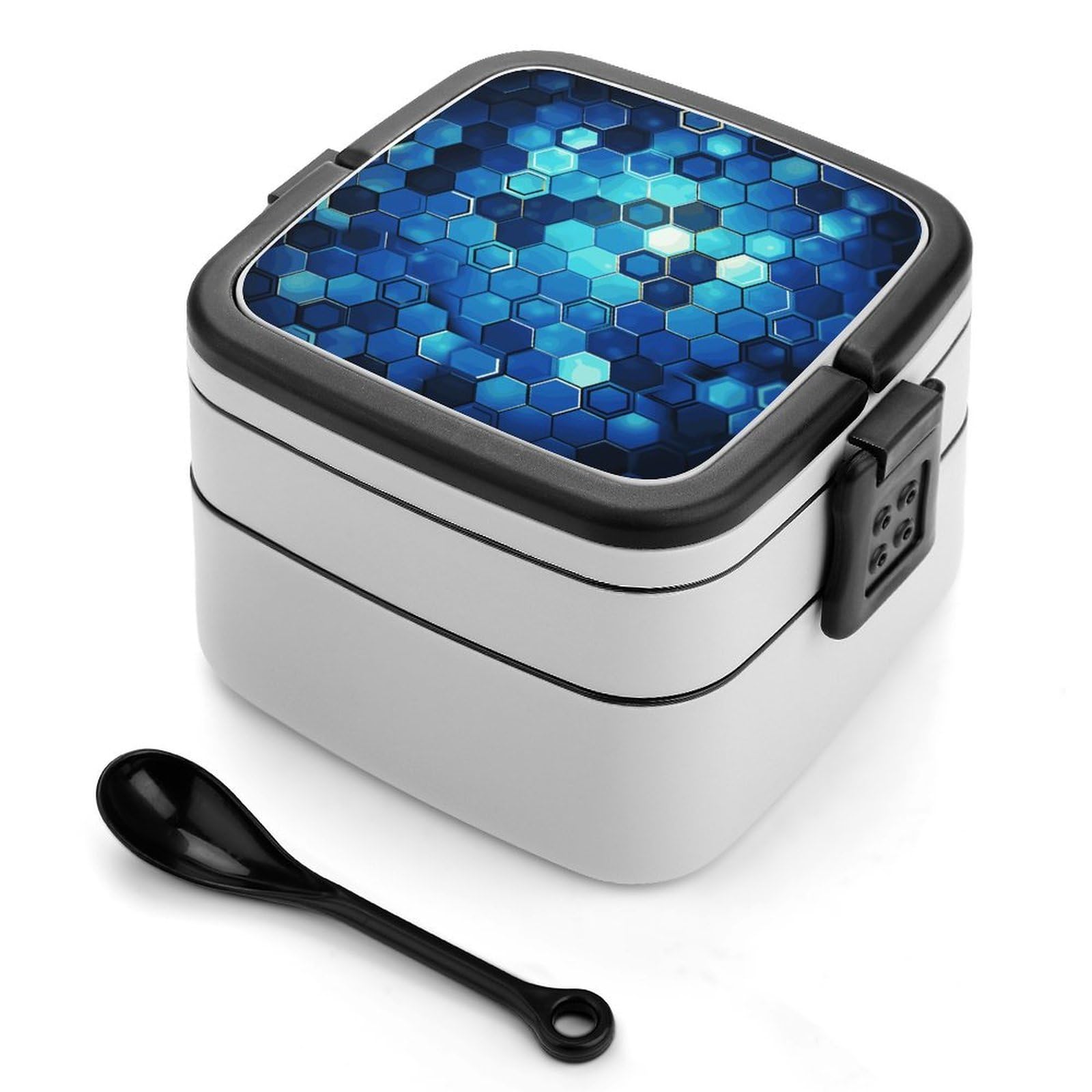 JTREHY Blue Hexagon Lunch Box Double-Layer Portable Lunch Container Stackable Large Capacity Leakproof Bento Box for Dining Out Work Picnics Travel