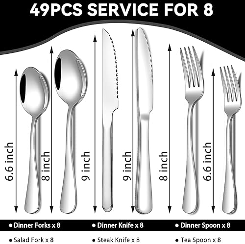 Miniatura 2 de Juego de cubiertos de acero inoxidable de 49 piezas con organizador de cubiertos, servicio para 8 personas con cuchillos de carne y utensilios de